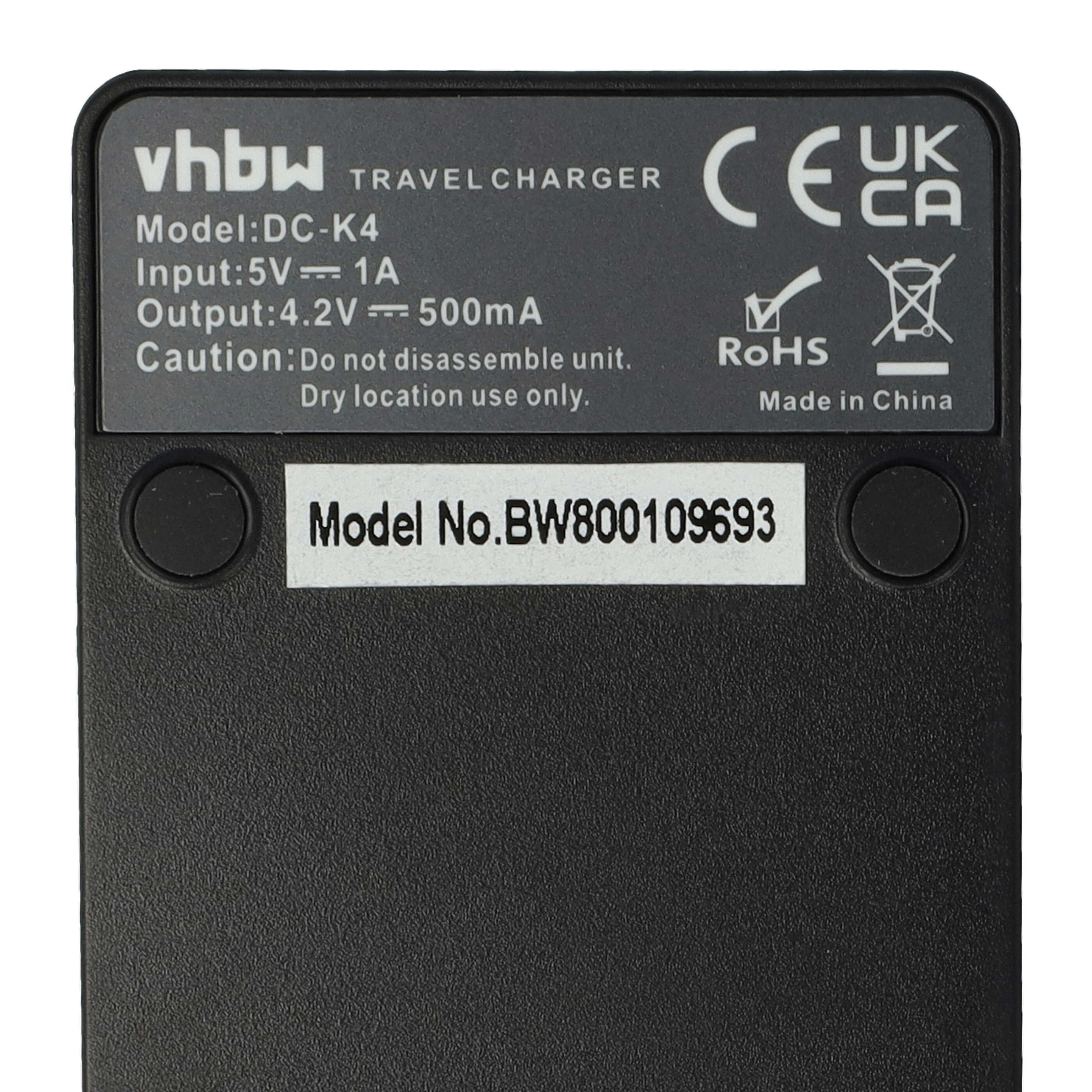 Ein schwarzes Reisegerät mit Text: vhbw, Modelldetails, Eingangs-/Ausgangsspezifikationen und Sicherheitshinweise. Es hat CE-, UKCA- und RoHS-Zeichen.