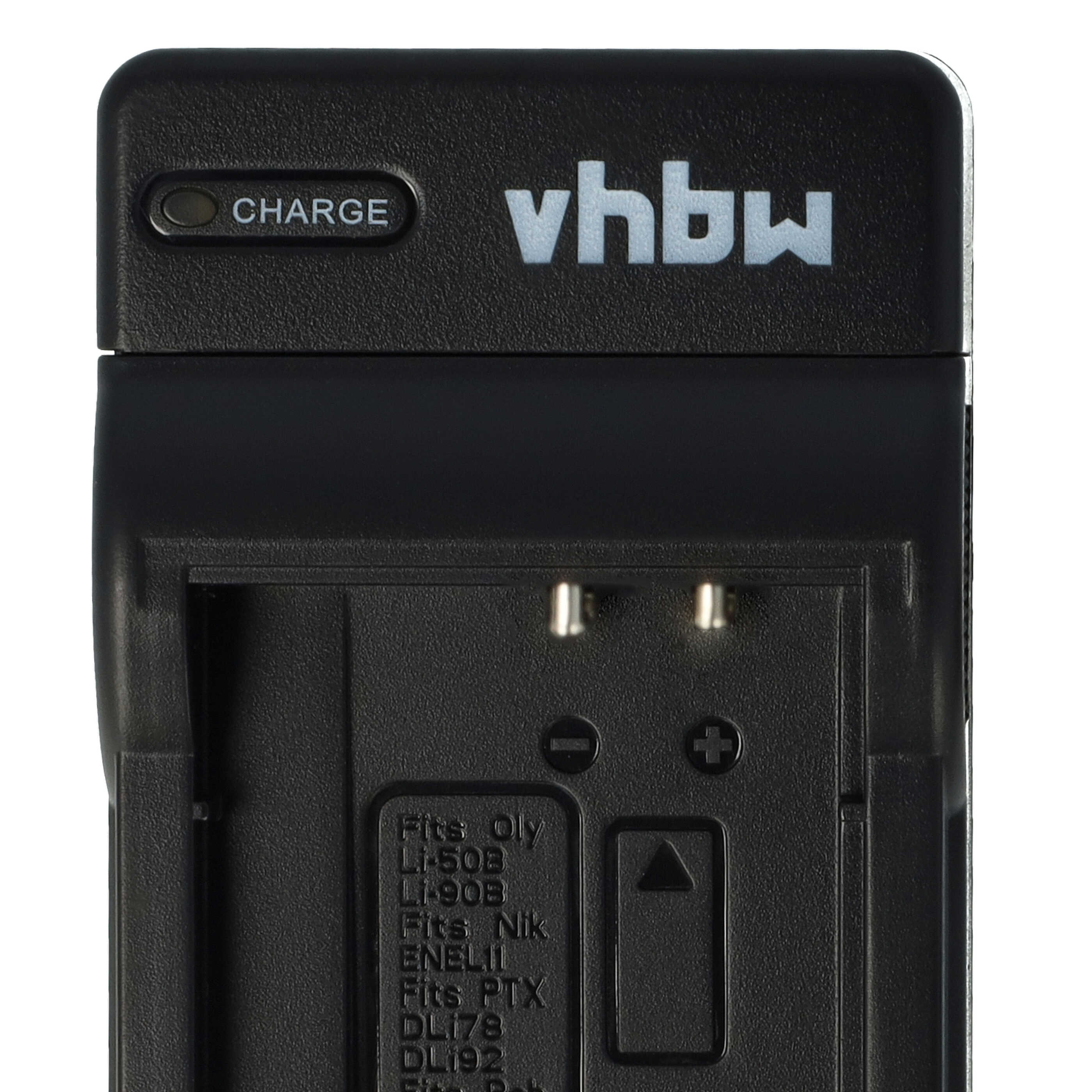 Schwarzes Batterieladegerät mit der Marke 'vhbw'. Verfügt über eine 'CHARGE'-Anzeige und Steckplätze für verschiedene Batterietypen.