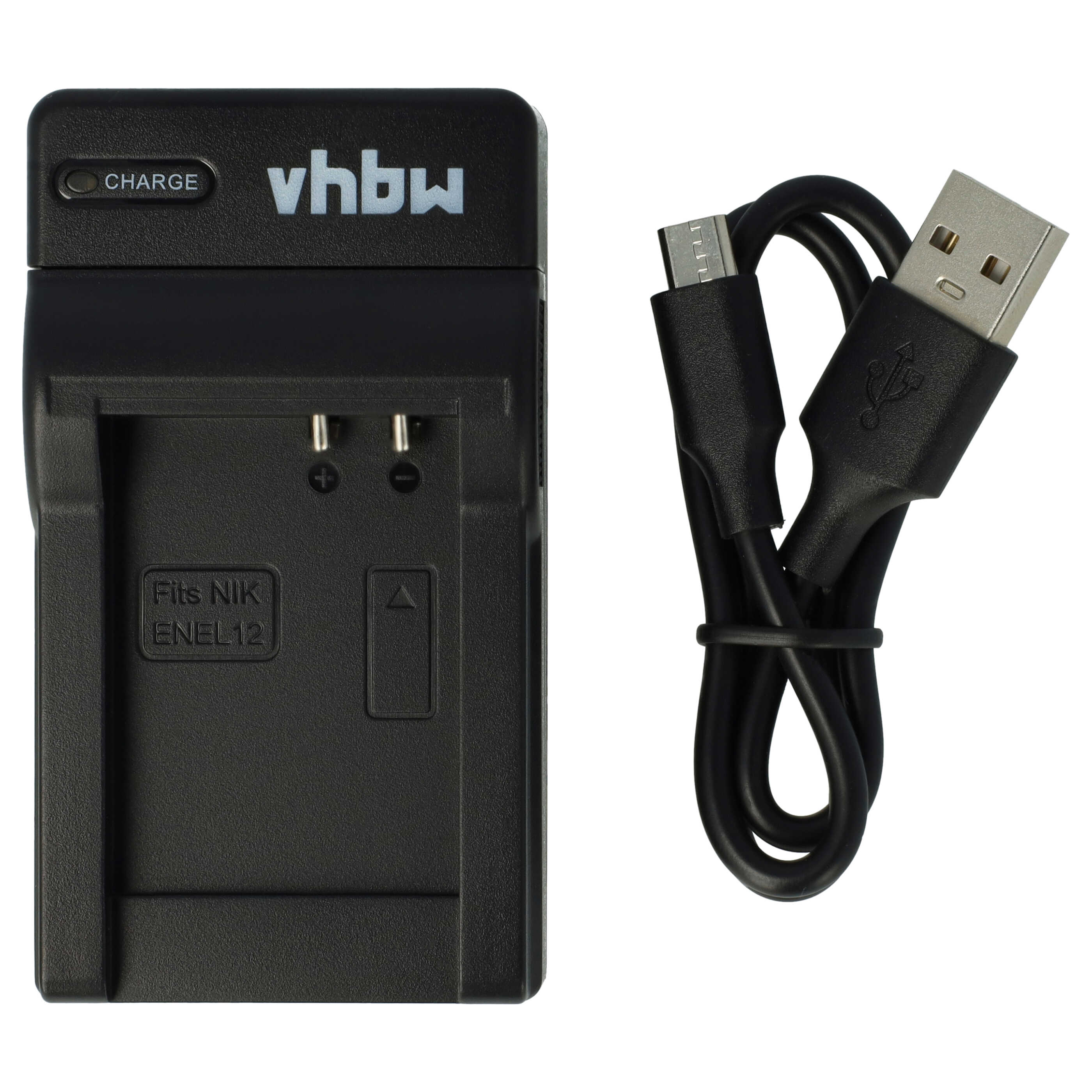 Schwarzes Akkuladegerät mit schwarzem USB-Kabel auf weißem Hintergrund.