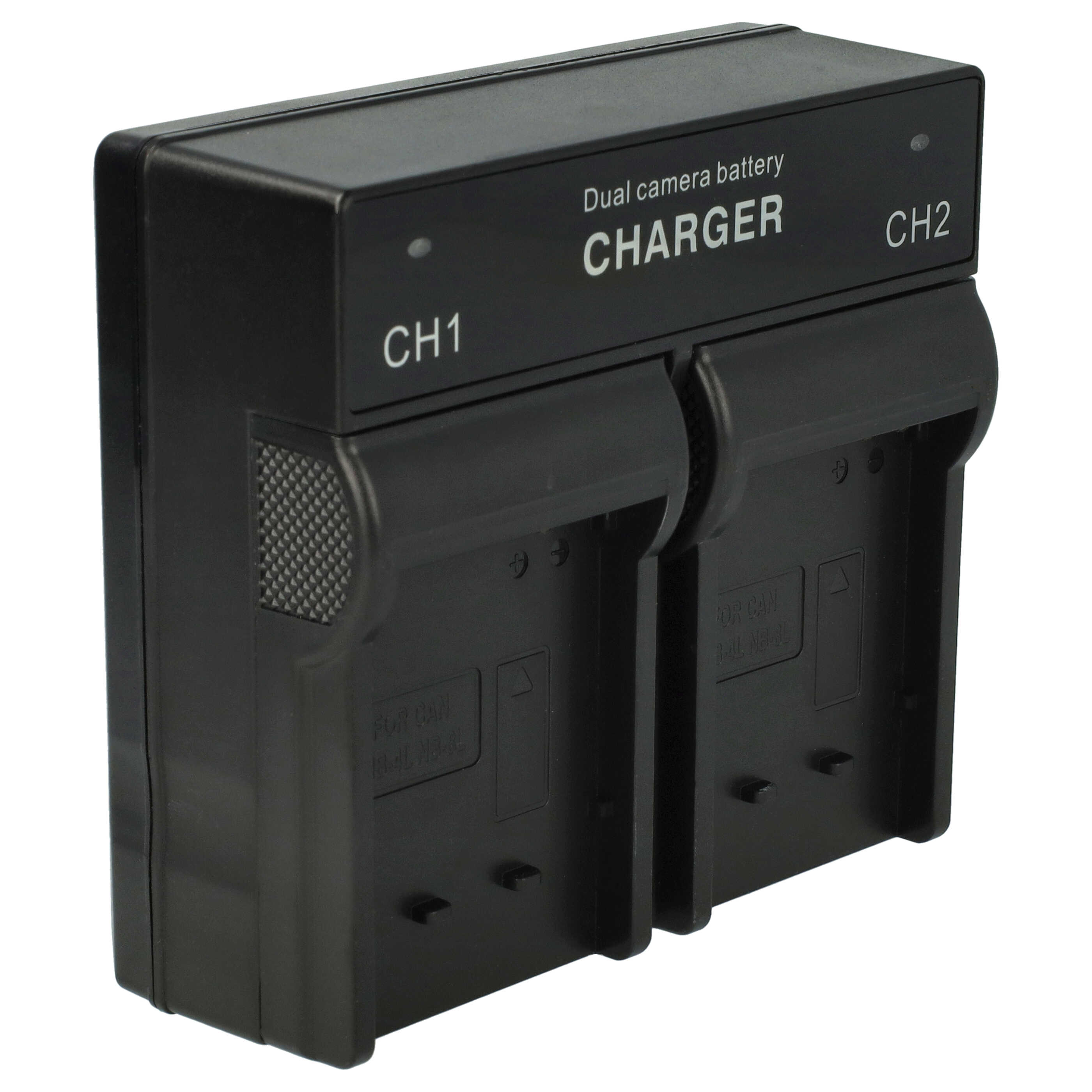 Ein schwarzes Dual-Kamera-Batterieladegerät mit zwei Ladeschächten, CH1 und CH2 beschriftet. Es hat Text, der CHARGER sagt.