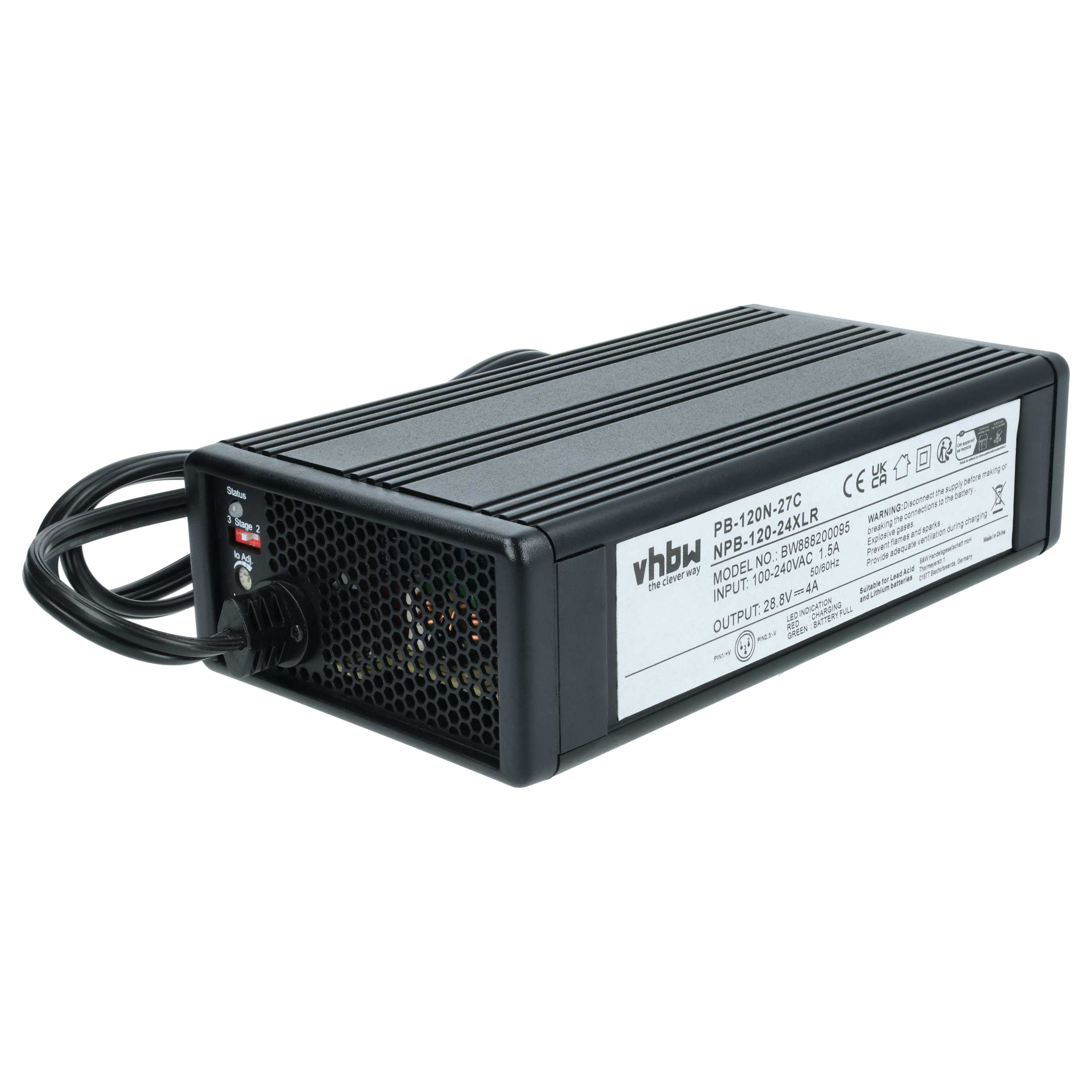 Schwarzes vhbw-Batterieladegerät. Es hat eine Statusanzeige, Etiketten und ein Netzkabel. Der Hintergrund ist weiß.
