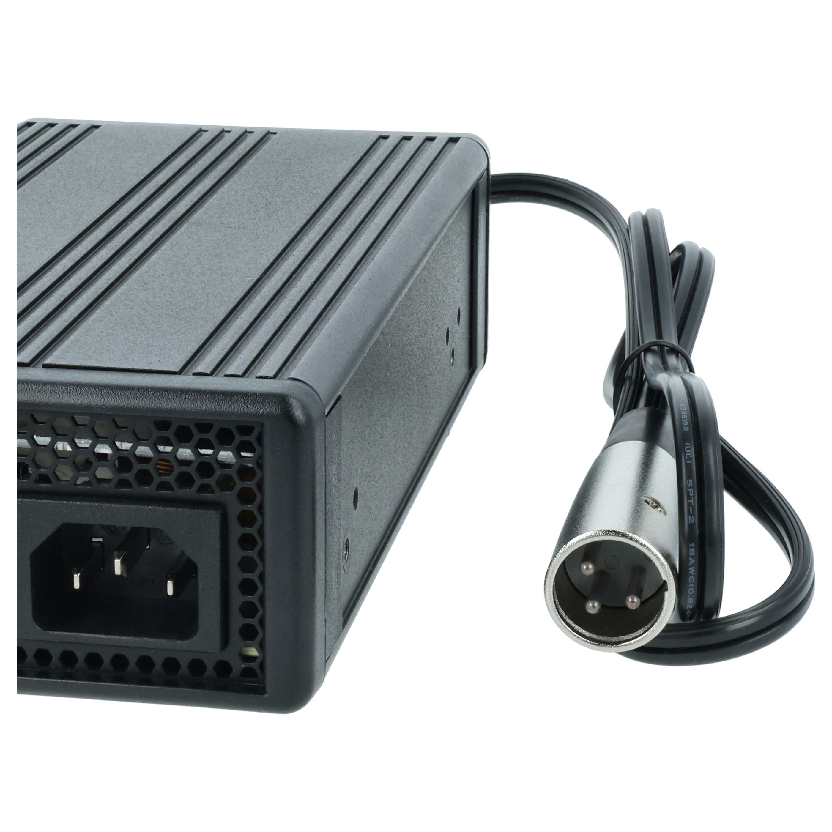 Ein schwarzes Netzteil mit Kabel und silbernem Stecker. Das Netzteil hat eine geriffelte Oberseite und einen Stromeingang.