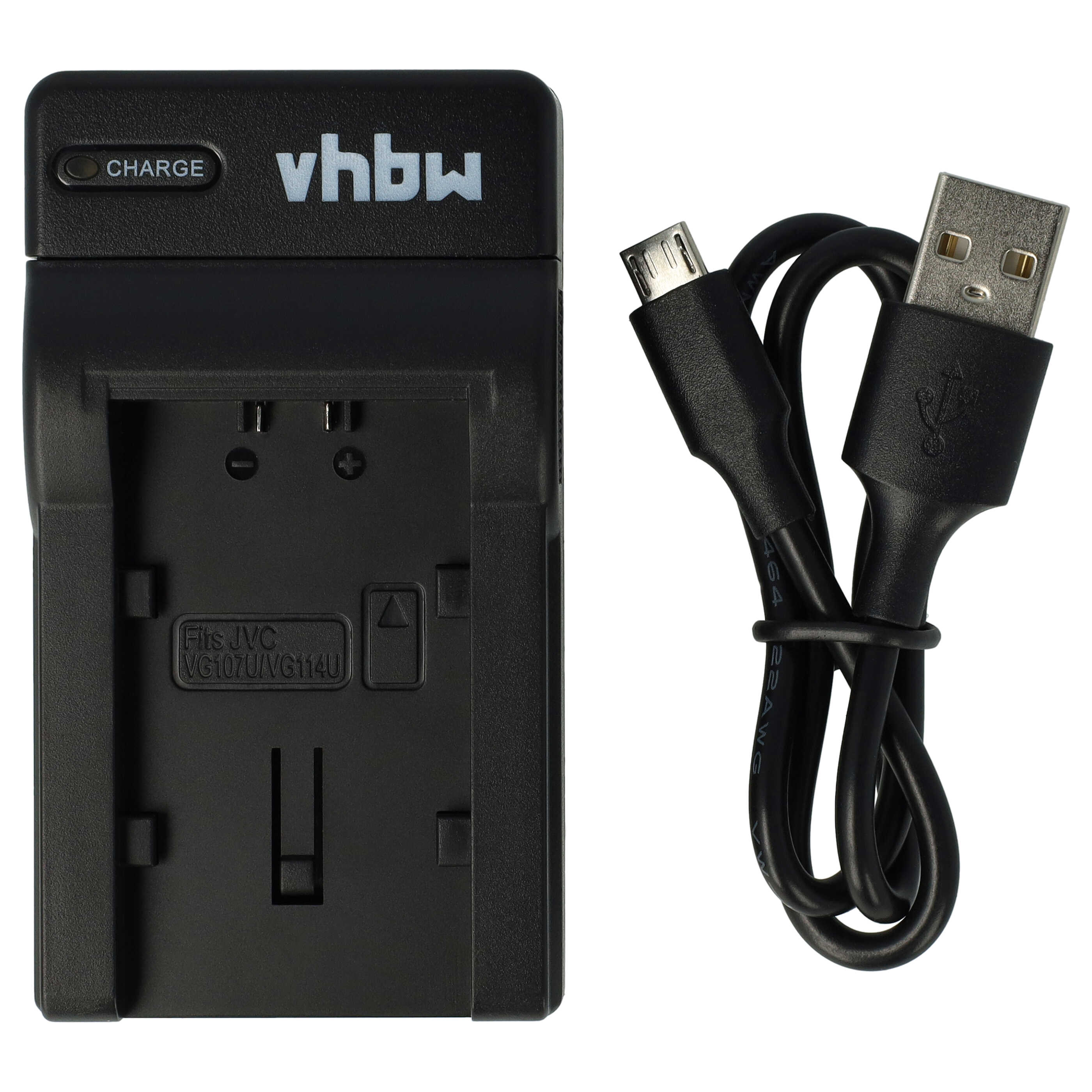Ein schwarzes Ladegerät mit USB-Kabel. Ladegerät hat das vhbw-Logo. Das Kabel hat einen USB- und einen Micro-USB-Anschluss.