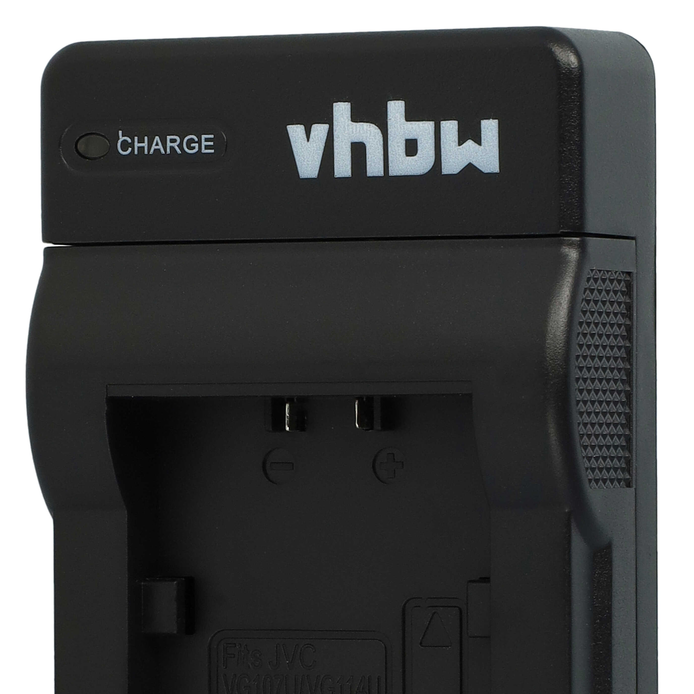 Schwarzes Batterieladegerät mit weißem Text 'vhbw' und 'CHARGE'. Hat eine Ladeanzeige und einen Steckplatz für eine Batterie.