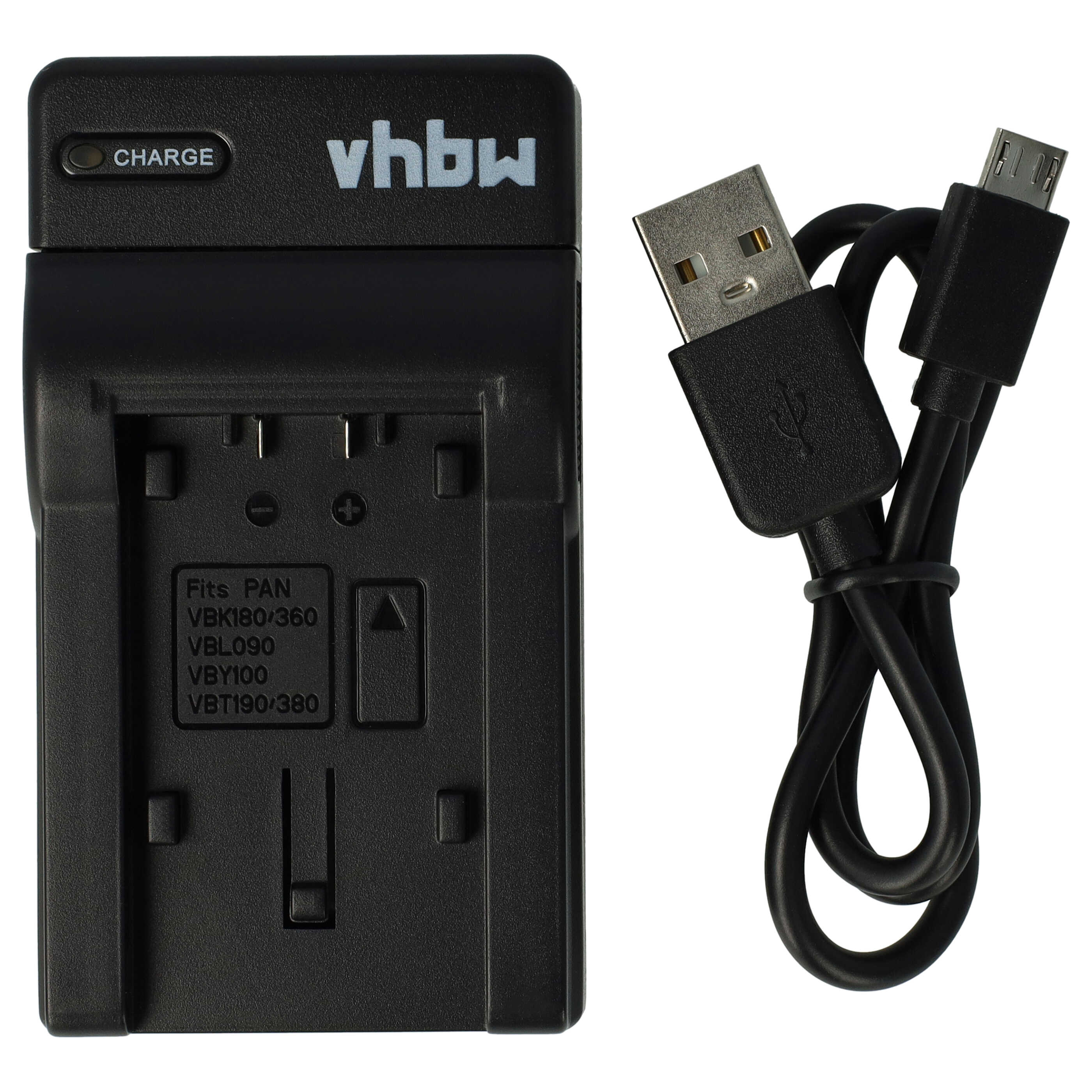 Schwarzes Kamera-Akkuladegerät mit USB-Kabel. Das Ladegerät hat eine Ladeanzeige und passt für verschiedene PAN-Akkus.