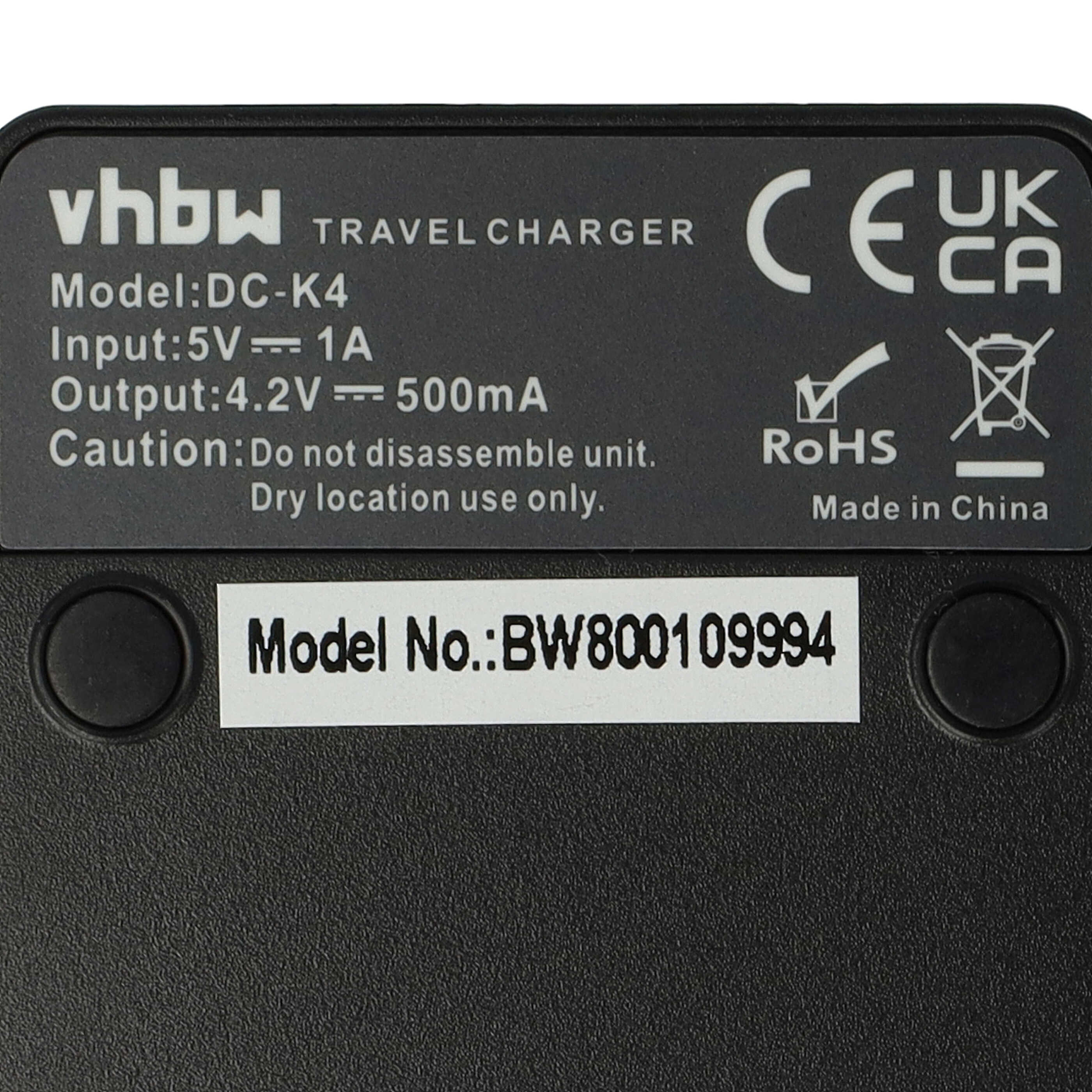 Schwarzes Reise Ladegerät mit Text wie 'vhbw', 'Model: DC-K4' und 'Model No.: BW800109994'.