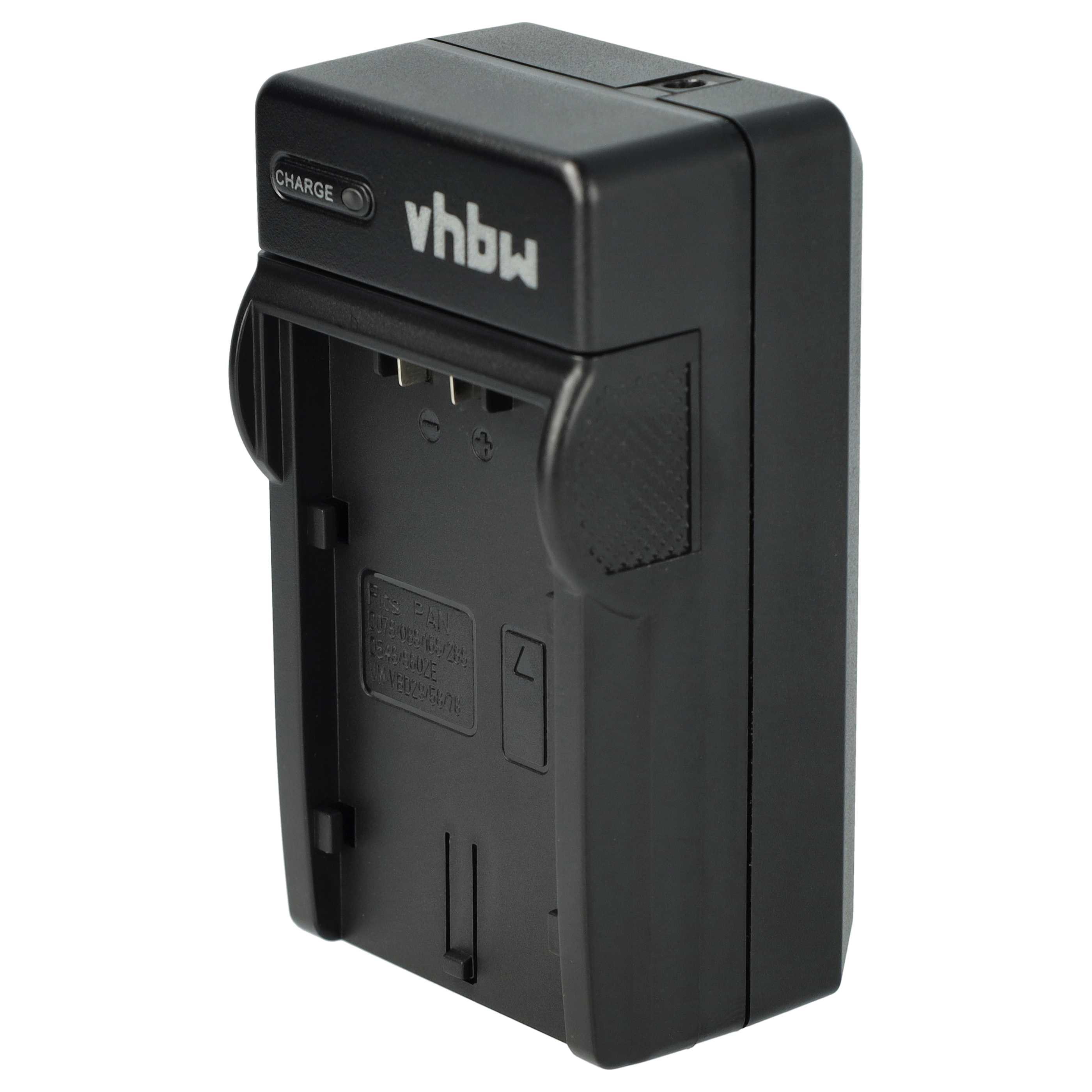 Schwarzes vhbw-Batterieladegerät. Es hat eine 'CHARGE'-Anzeige und Schlitze für Batterien. Der Hintergrund ist weiß.