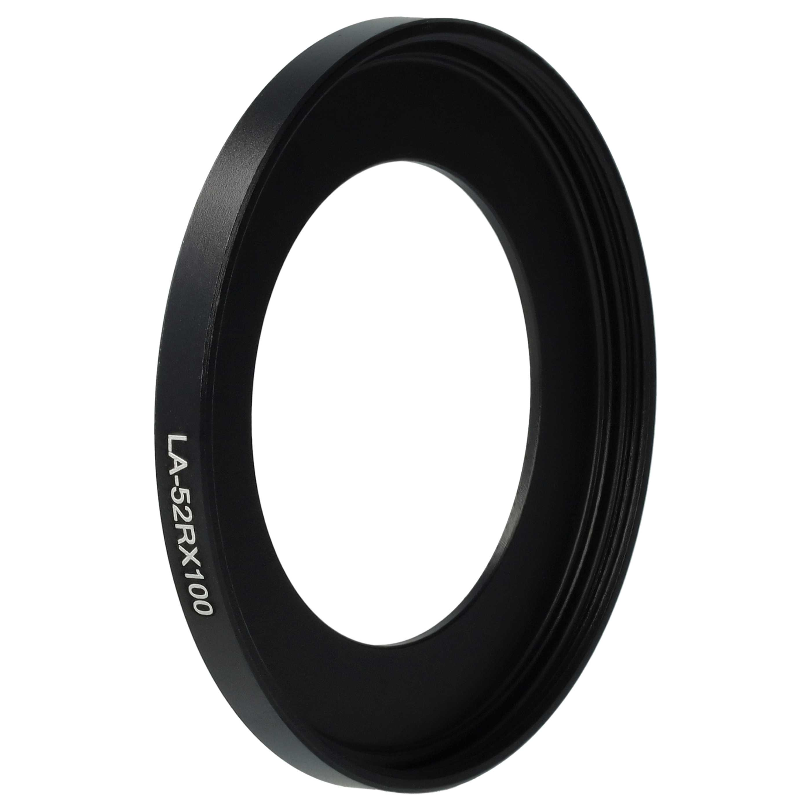 Ein schwarzer Kameraobjektivadapterring mit dem Text 'LA-52RX100' auf weißem Hintergrund.