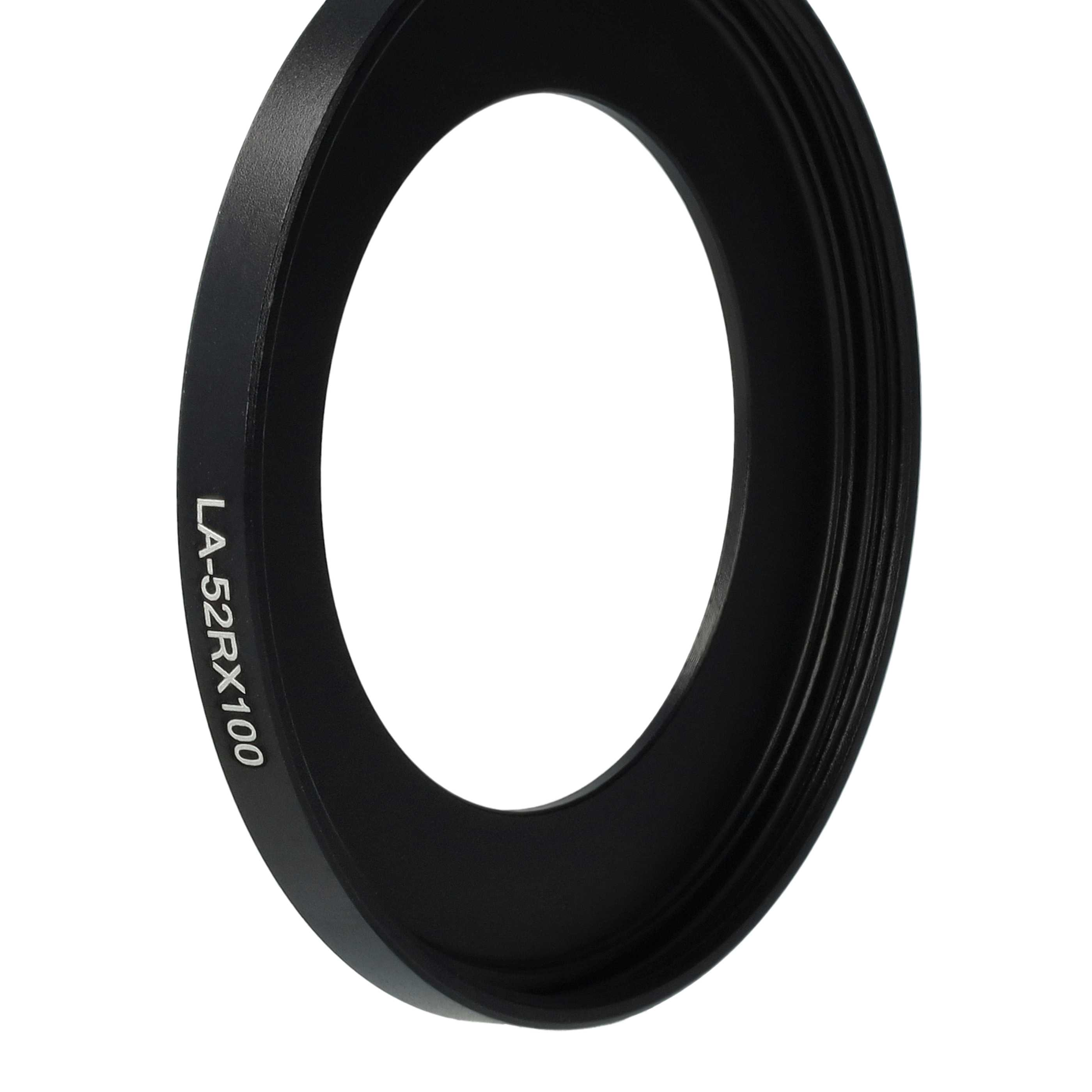 Ein schwarzer Objektivadapterring mit dem Text 'LA-52RX100' auf weißem Hintergrund.