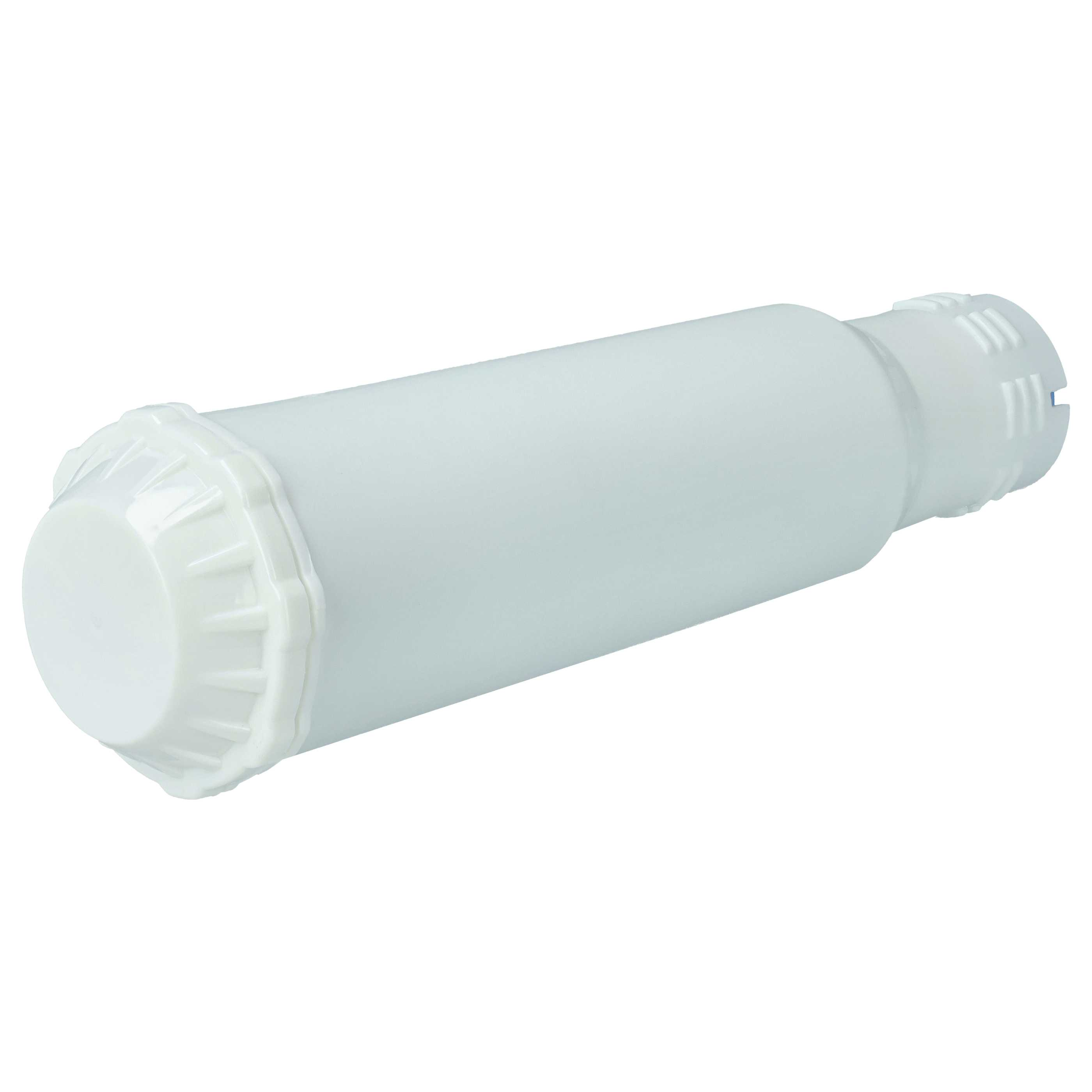 Ein weißer zylindrischer Wasserfilter. Er hat gerippte Kappen an beiden Enden und einen glatten Körper.