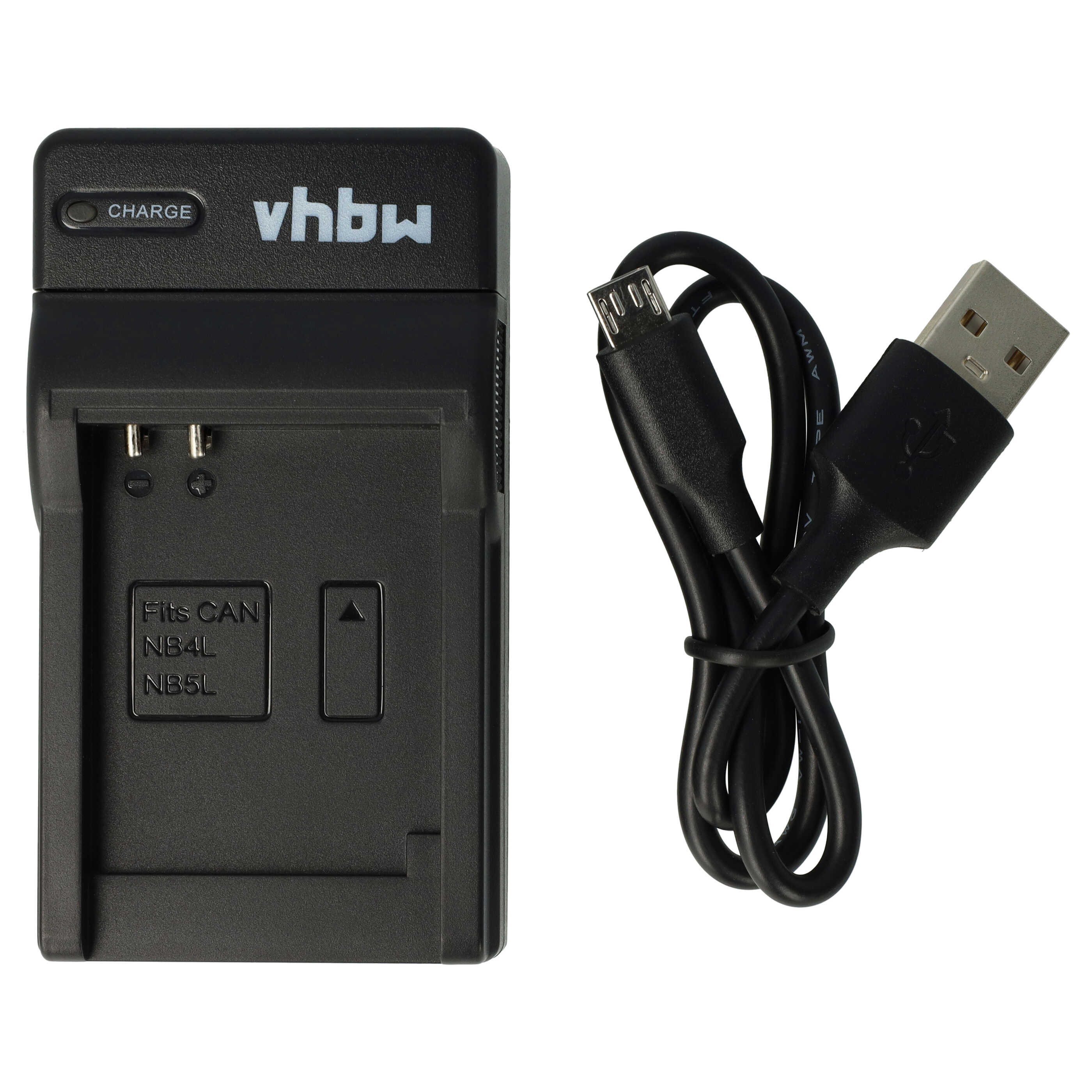 Schwarzes Batterieladegerät mit USB-Kabel. Das Ladegerät hat den Markennamen 'vhbw' und eine Ladeanzeige.