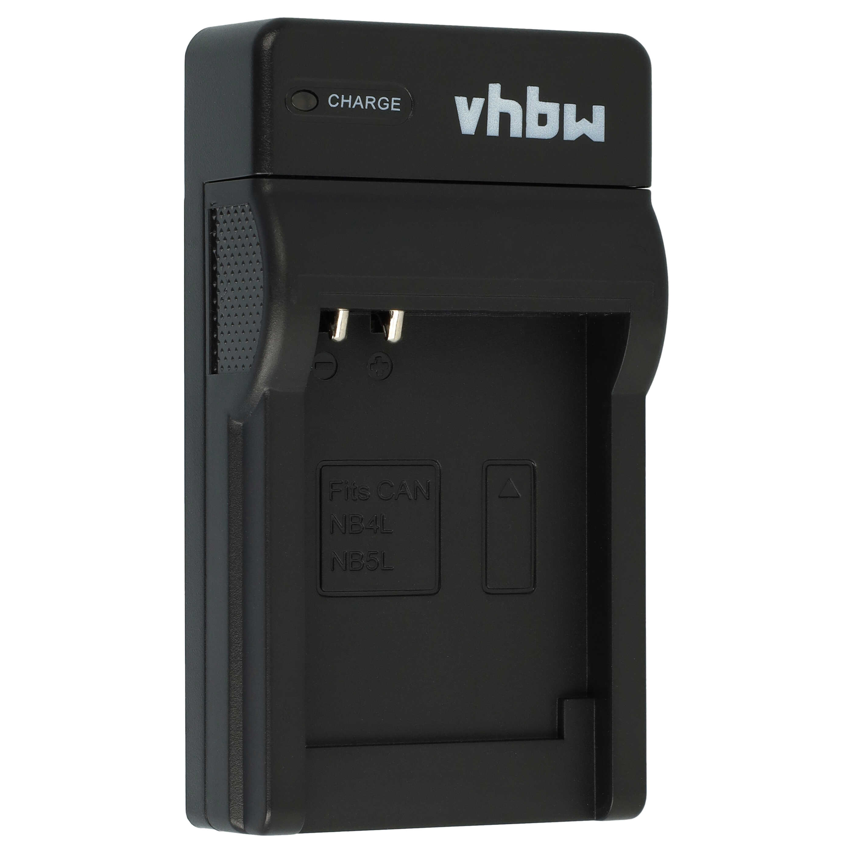 Schwarzes Batterieladegerät mit 'CHARGE' und 'vhbw' Logos. Es hat Schlitze und Text, der die Kompatibilität mit NB4L und NB5L Batterien anzeigt.