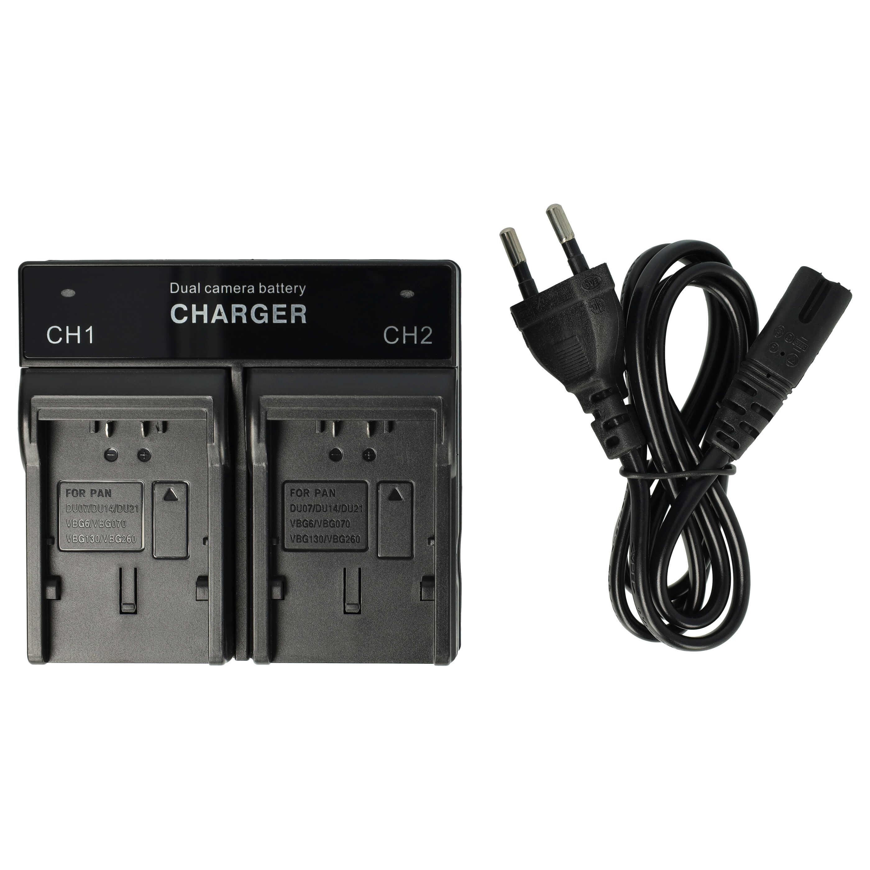 Schwarzes Dual-Kamera-Batterieladegerät mit Netzkabel. Das Ladegerät hat zwei Steckplätze. Das Kabel ist schwarz.