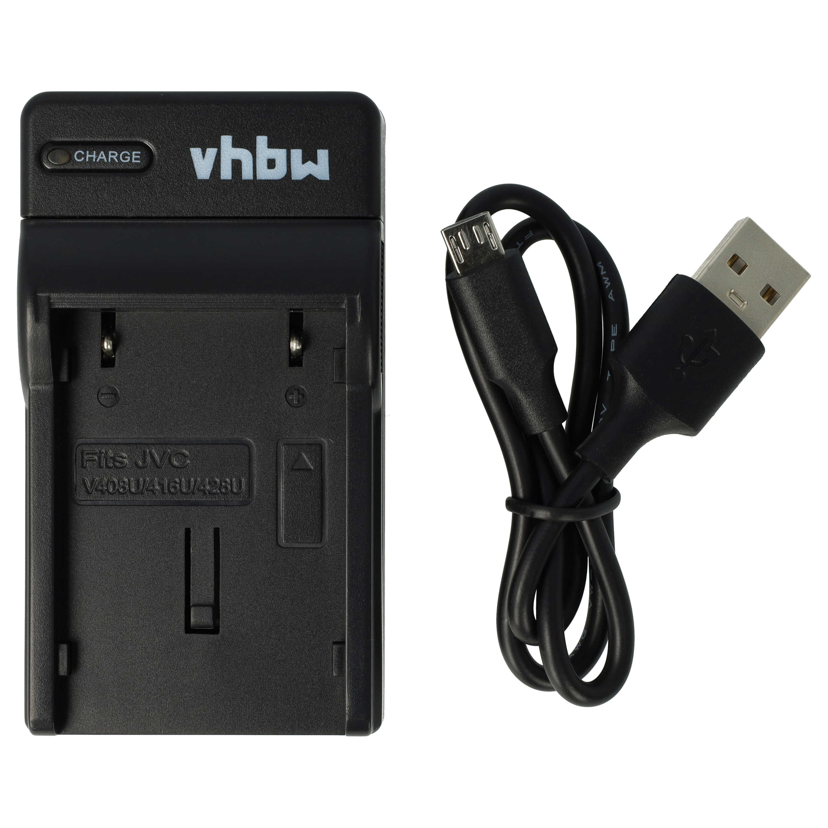 Schwarzes JVC-Batterieladegerät mit USB-Kabel. Text: 'Charge' und 'vhbw'. Das Kabel ist aufgerollt.