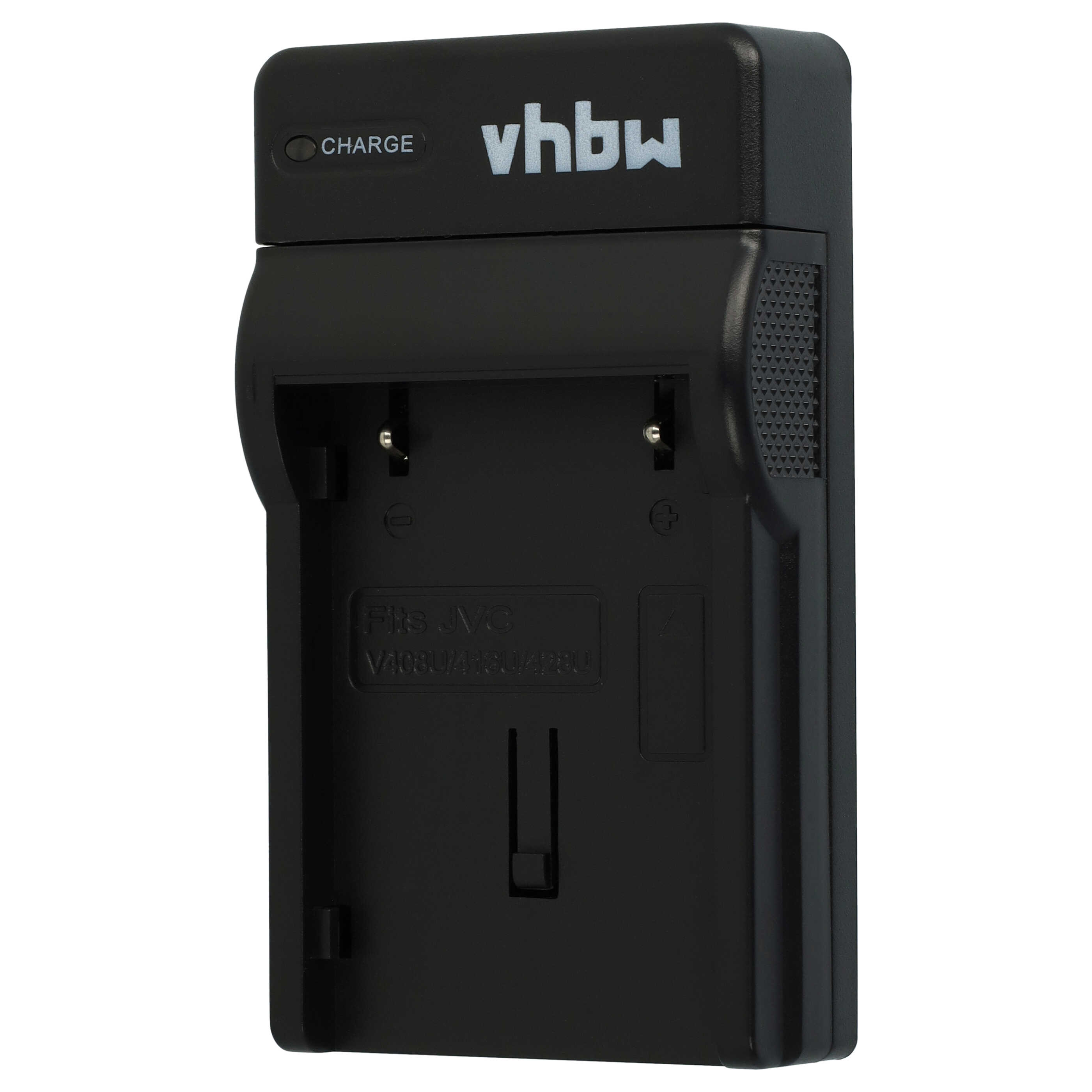 Schwarzes Batterieladegerät mit vhbw-Logo und Ladeanzeige. Es hat Schlitze für Batterien und ist für JVC-Modelle konzipiert.