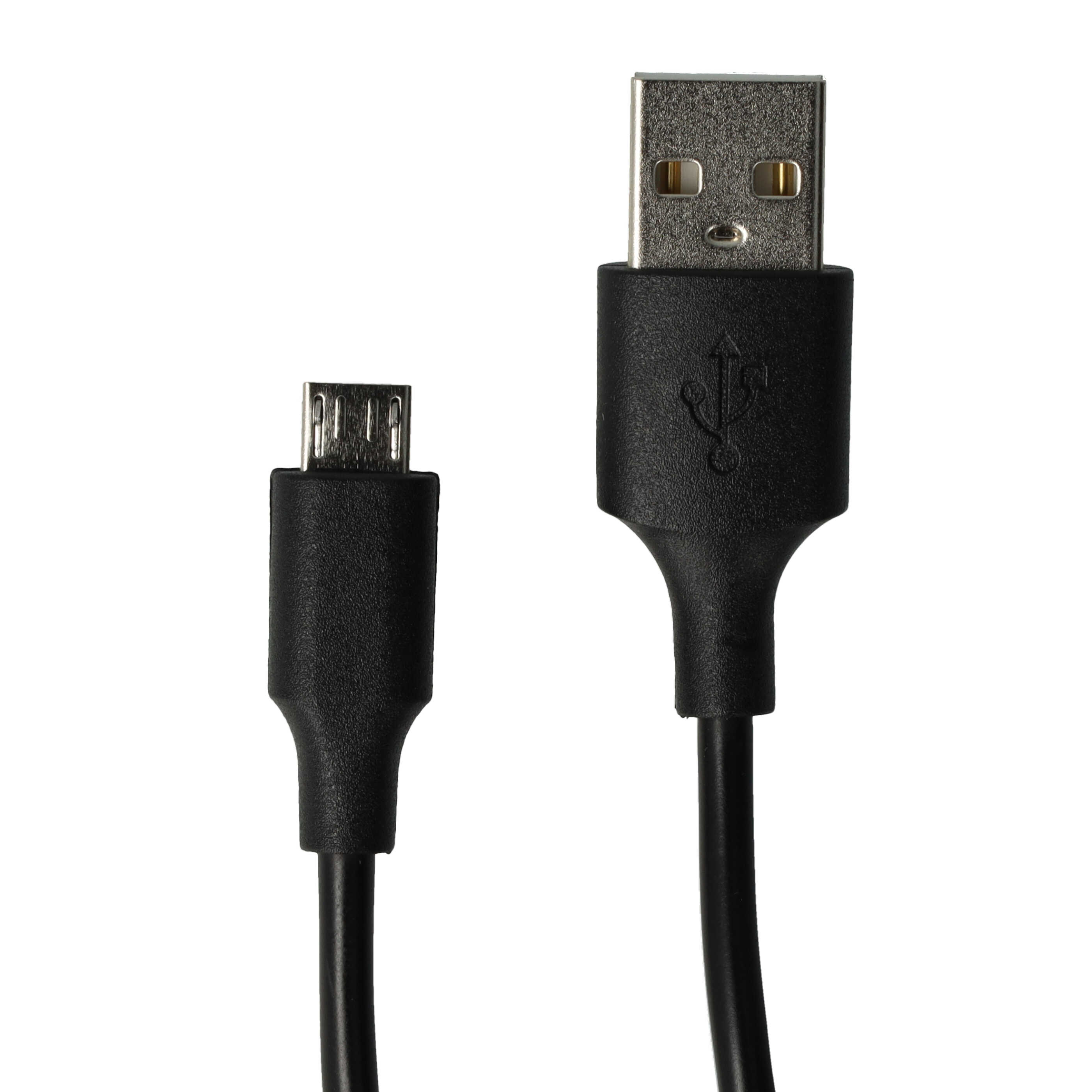 Das Bild zeigt ein schwarzes USB-Kabel mit einem USB-A-Anschluss und einem Micro-USB-Anschluss vor weißem Hintergrund.