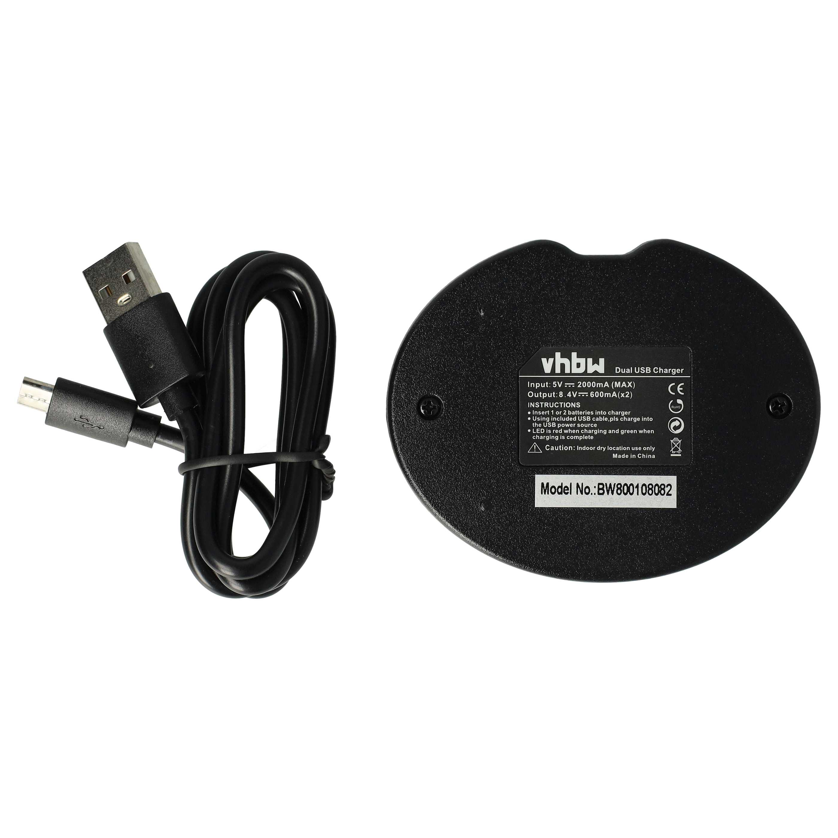 Ein schwarzes Dual-USB-Ladegerät und ein schwarzes USB-Kabel auf weißem Untergrund.