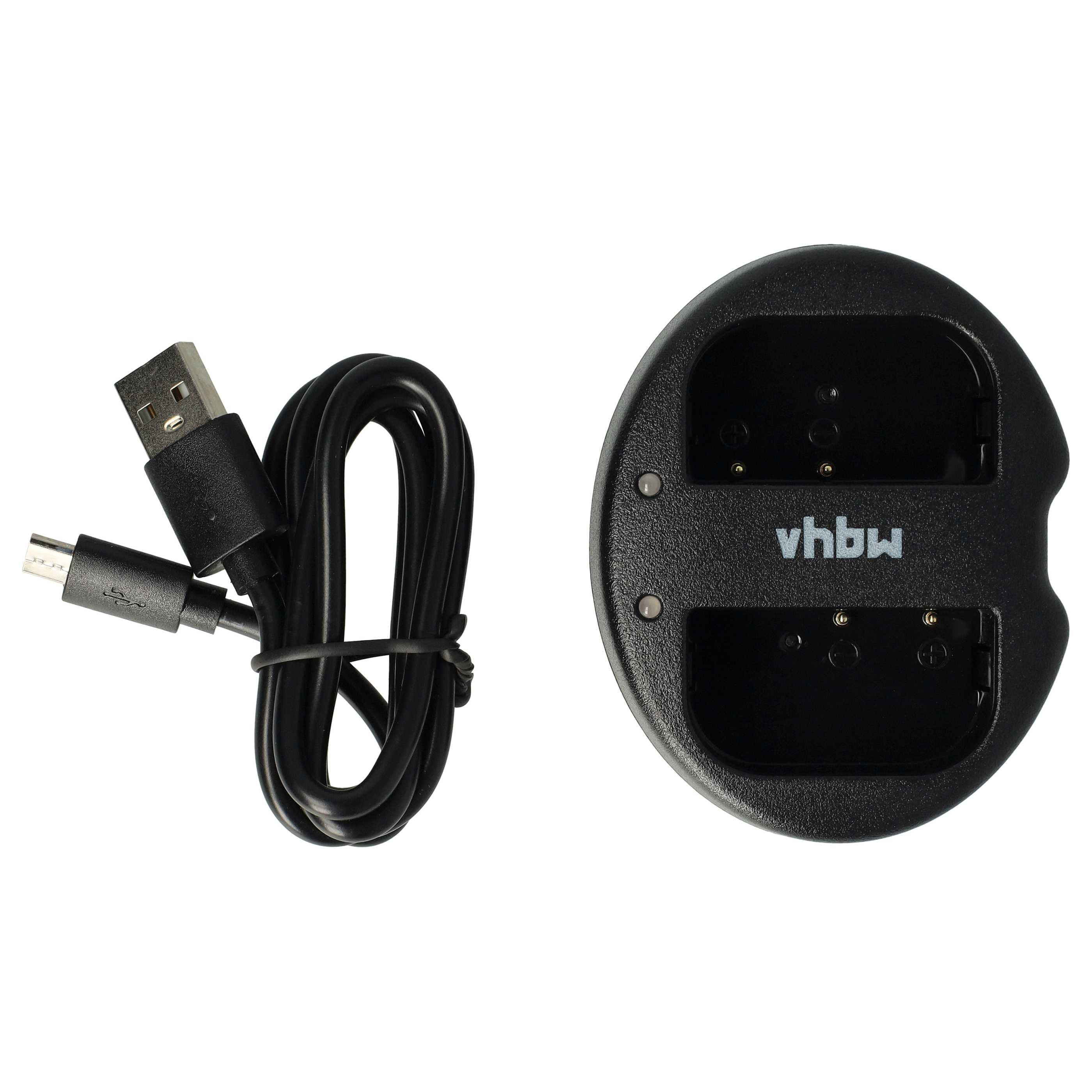 Schwarzes USB-Ladekabel mit Micro-USB-Anschluss und eine schwarze Ladestation mit dem Text 'vhbw'.