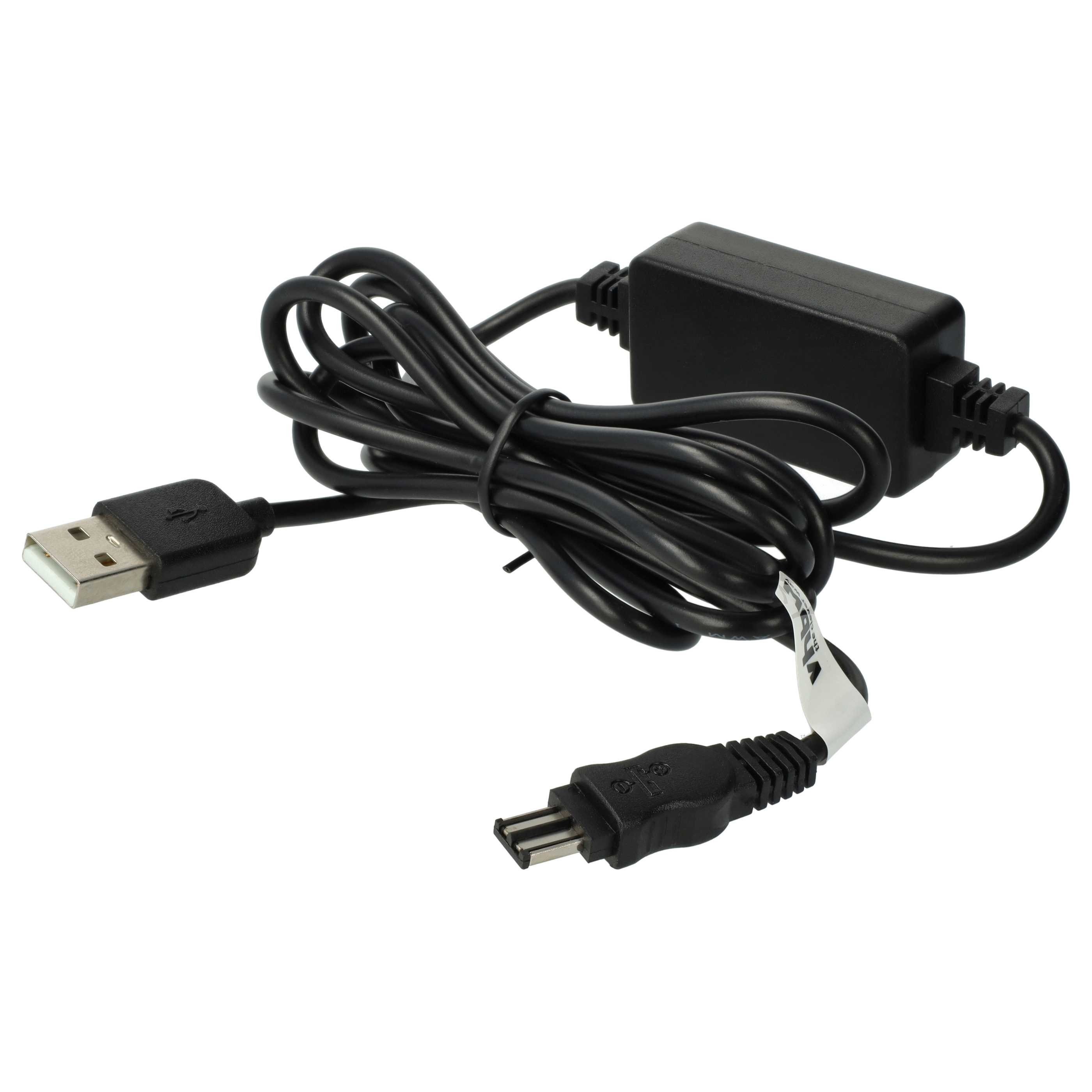 Schwarzes USB-Ladegerät mit rechteckigem Netzteil und mehreren Anschlüssen. Das Kabel ist aufgerollt.