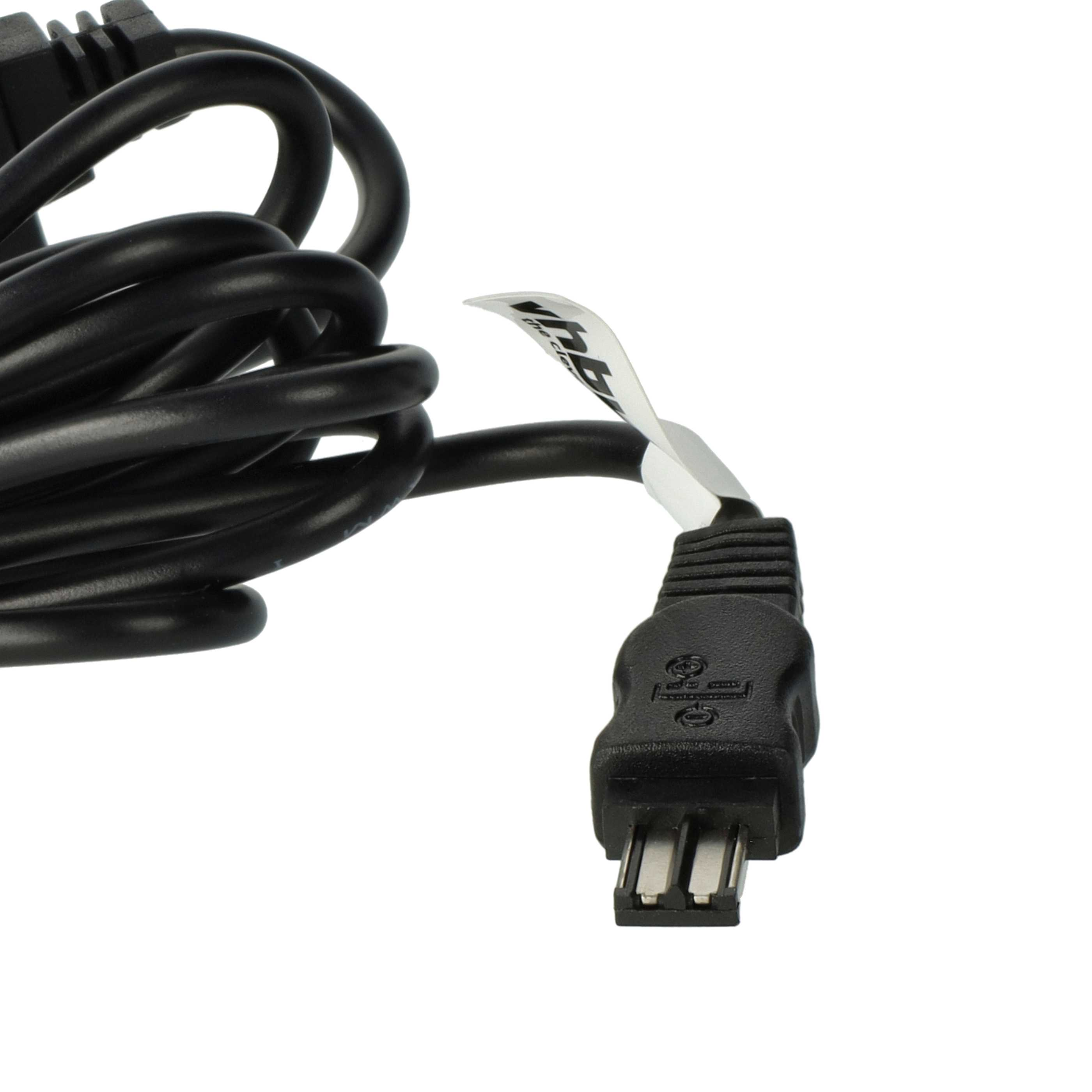 Schwarzes Kabel mit Stecker und weißem Etikett. Das Kabel ist gekräuselt. Der Stecker hat zwei Stifte.