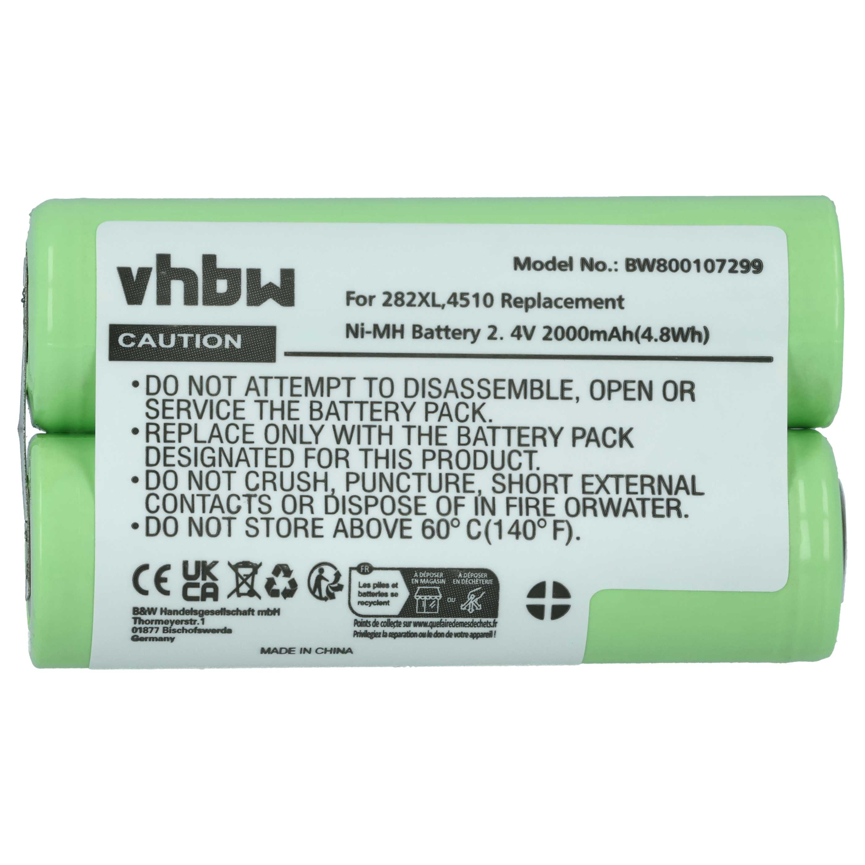 Grüne Batterie mit Text: vhbw, Vorsicht, Modellnummer, 2,4 V und Warnhinweise. Hergestellt in China.