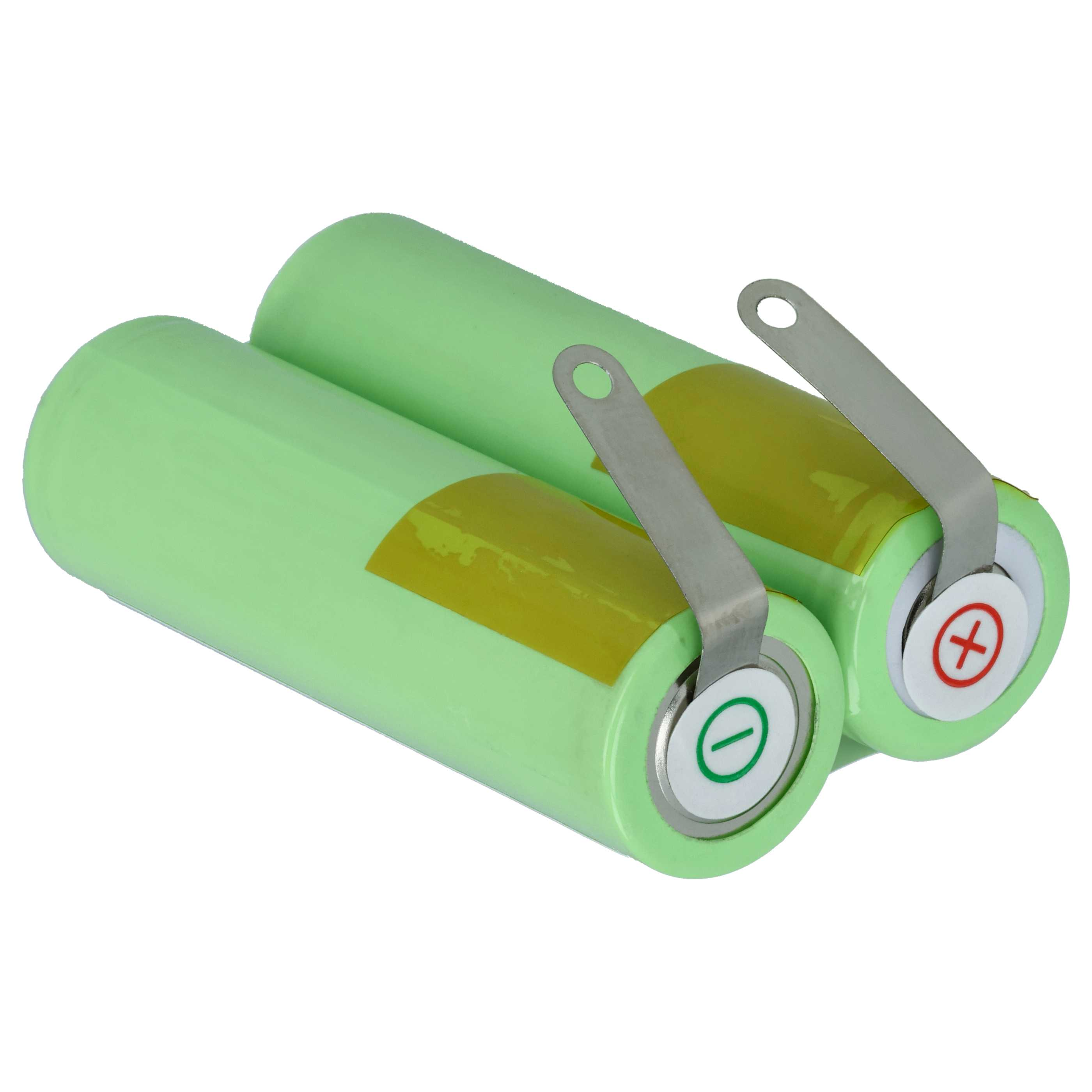 Zwei grüne zylindrische Batterien mit silbernen Metalllaschen. Ein Ende hat ein Pluszeichen, das andere ein Minus.