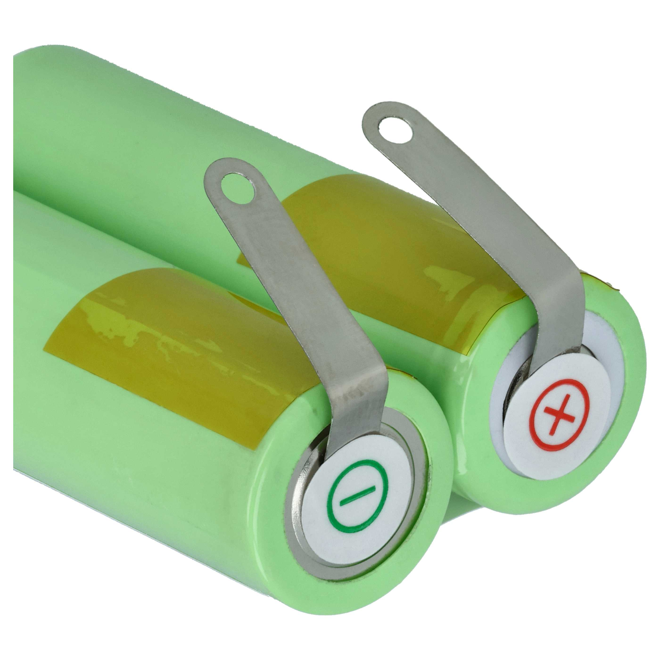 Zwei grüne zylindrische Batterien mit Metallclips. Eine hat ein rotes Pluszeichen, die andere ein grünes Minuszeichen.