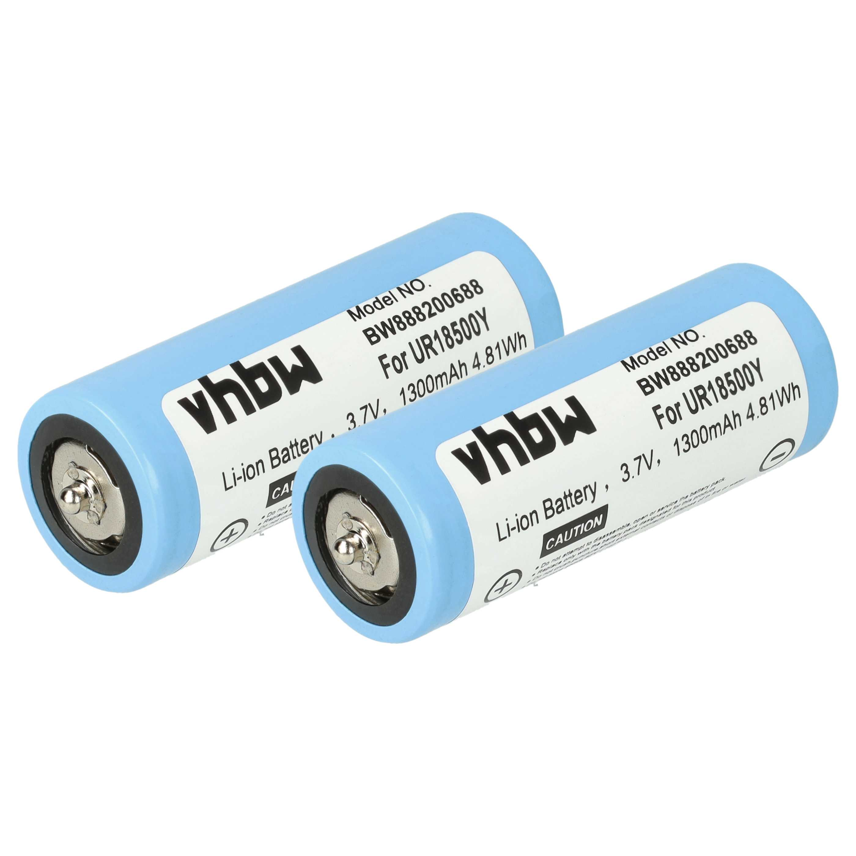 Zwei blaue zylindrische Batterien mit Etiketten. Jede hat Text: "vhbw", Modellnummer und Spezifikationen.