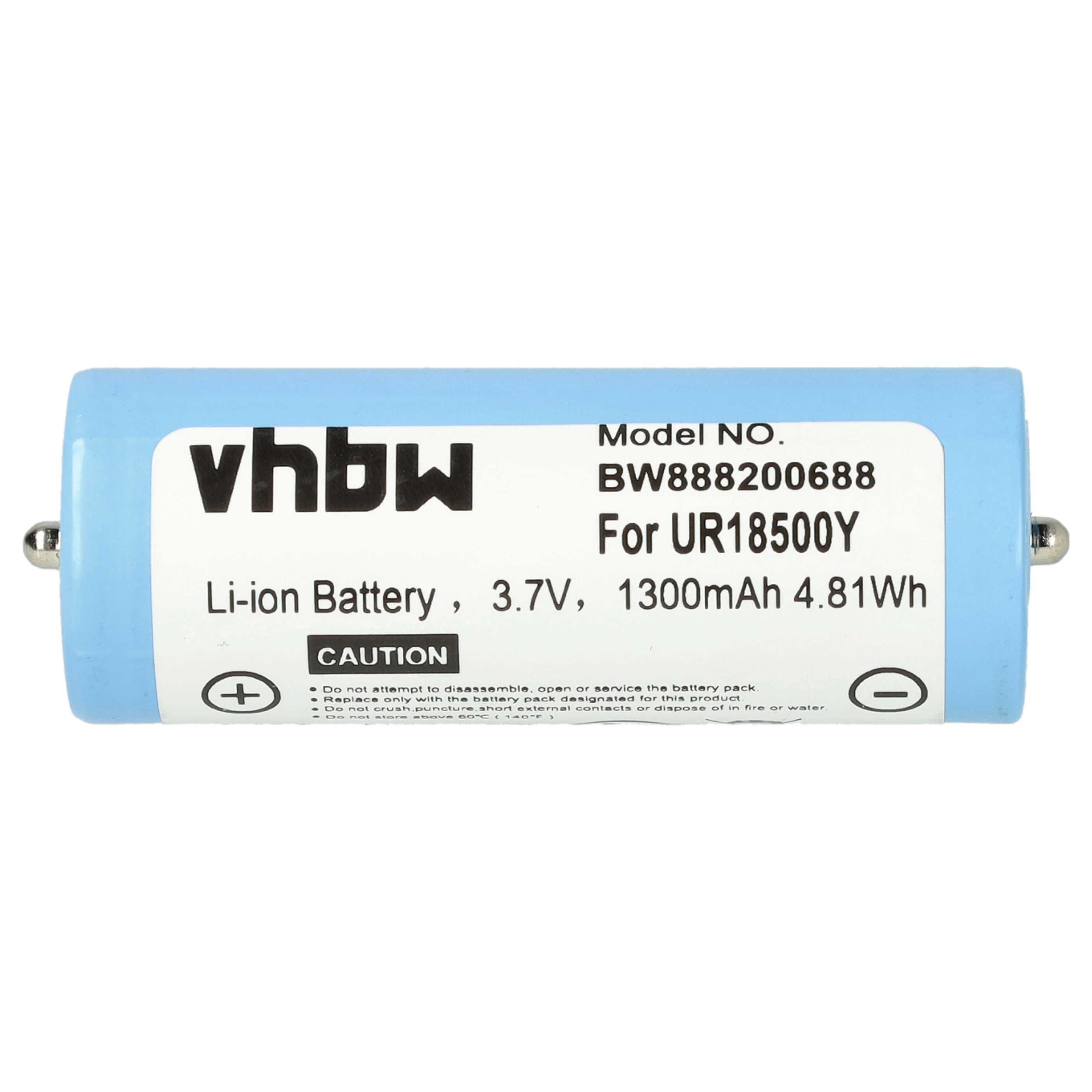 Eine blaue Li-Ionen-Batterie mit weißem Text. Sie hat ein Plus- und ein Minuszeichen. Die Marke ist vhbw.