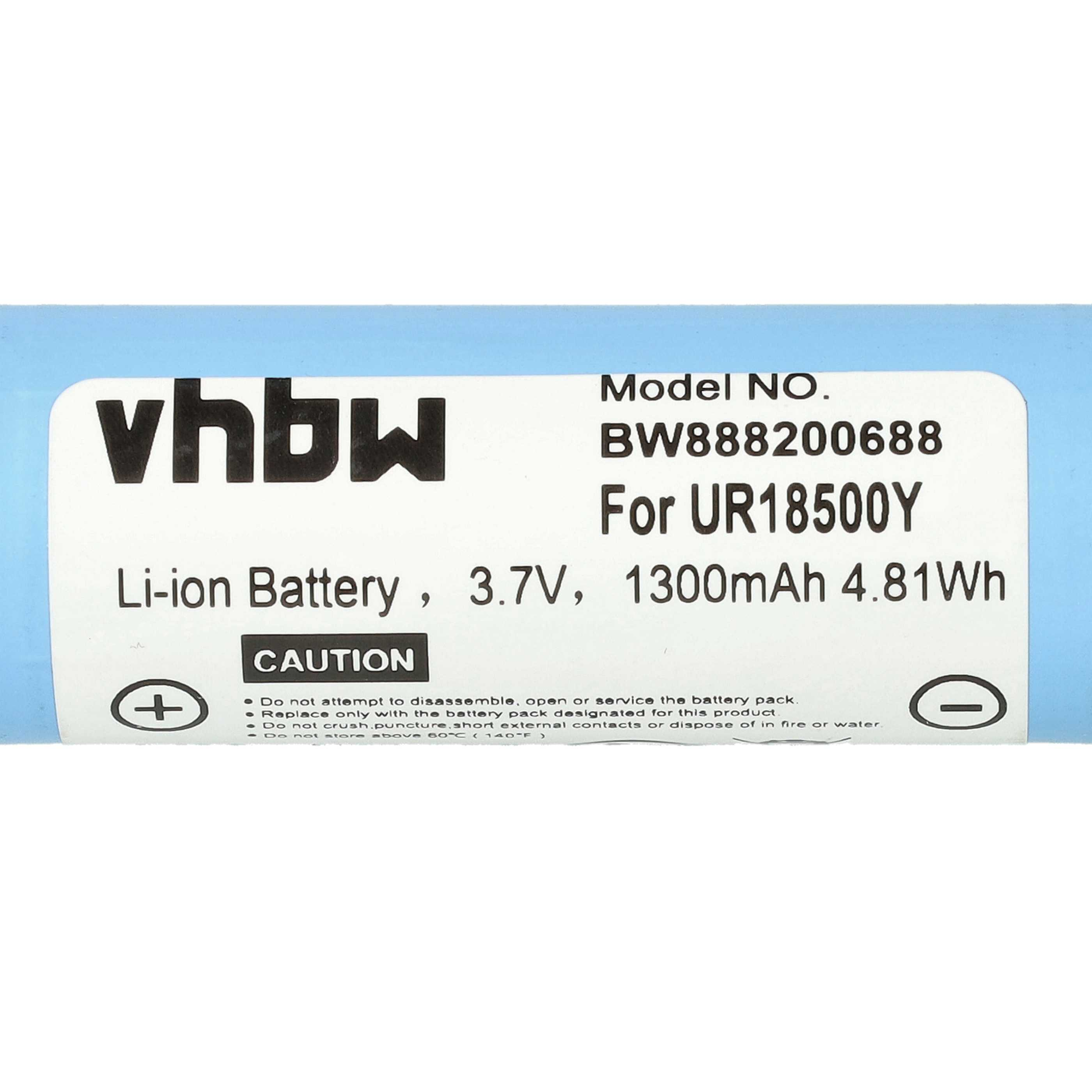 Ein Akku mit Text und Symbolen. Es steht vhbw, Modell-Nr., Li-Ionen-Akku 3,7 V, 1300 mAh und CAUTION-Anweisungen.