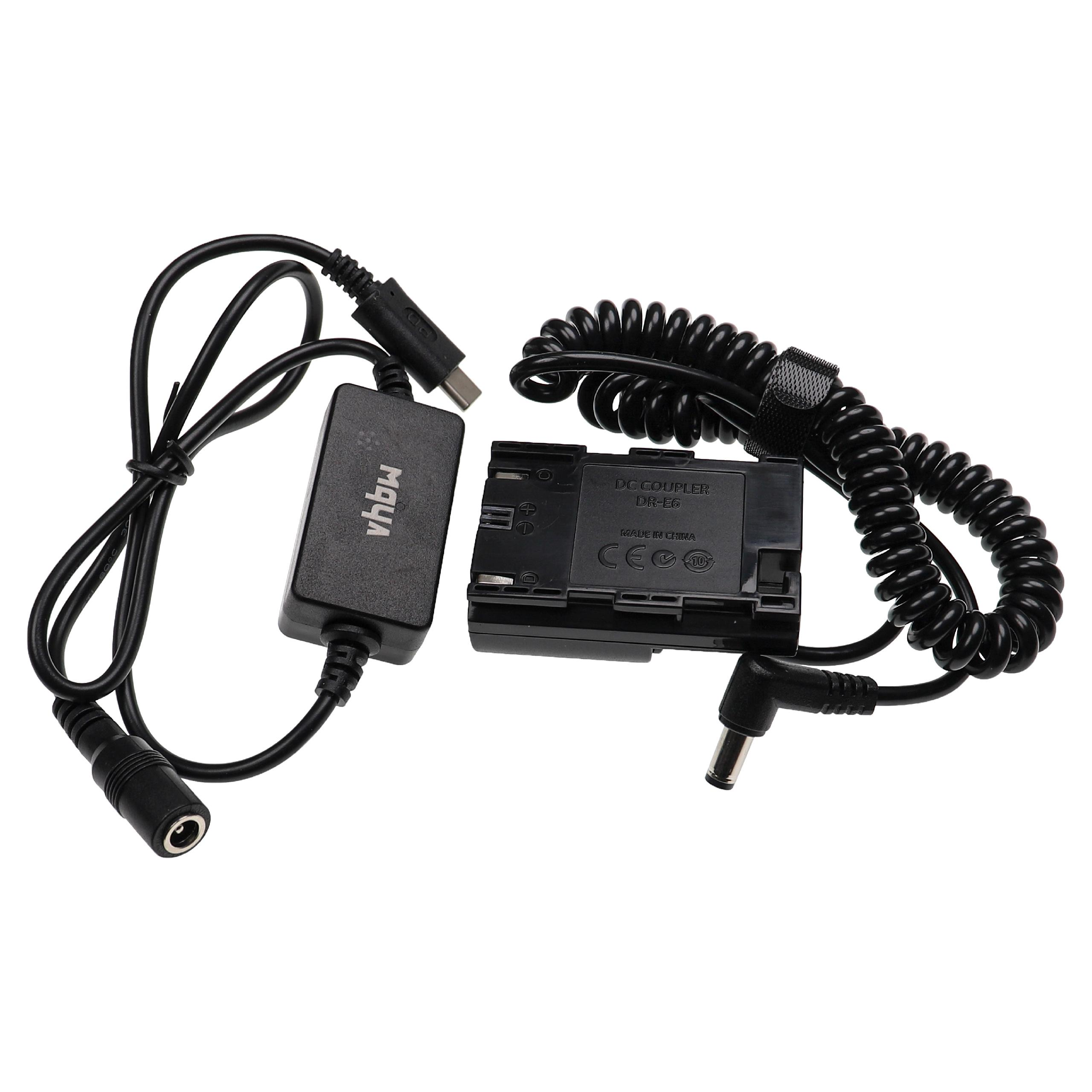 Schwarzes Kamera-Netzteil mit Kabeln und Anschlüssen auf weißer Oberfläche. Enthält einen DC-Koppler und einen USB-C-Anschluss.