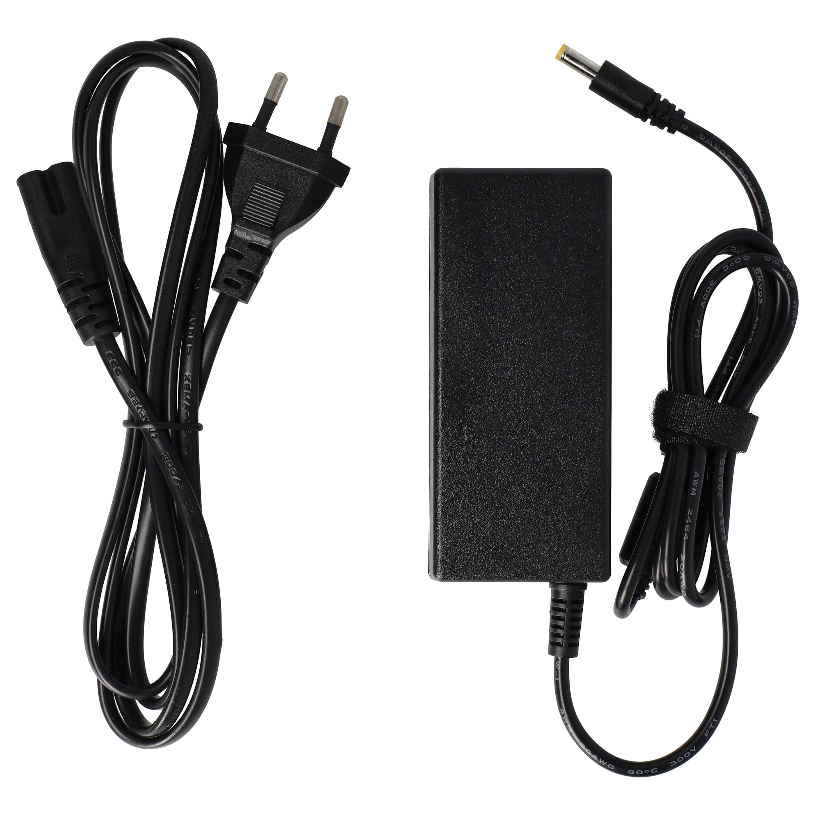Ein Netzteil mit zwei Kabeln und einem Netzteil. Ein Kabel hat einen Stecker, das andere endet mit einem gelben Stecker.