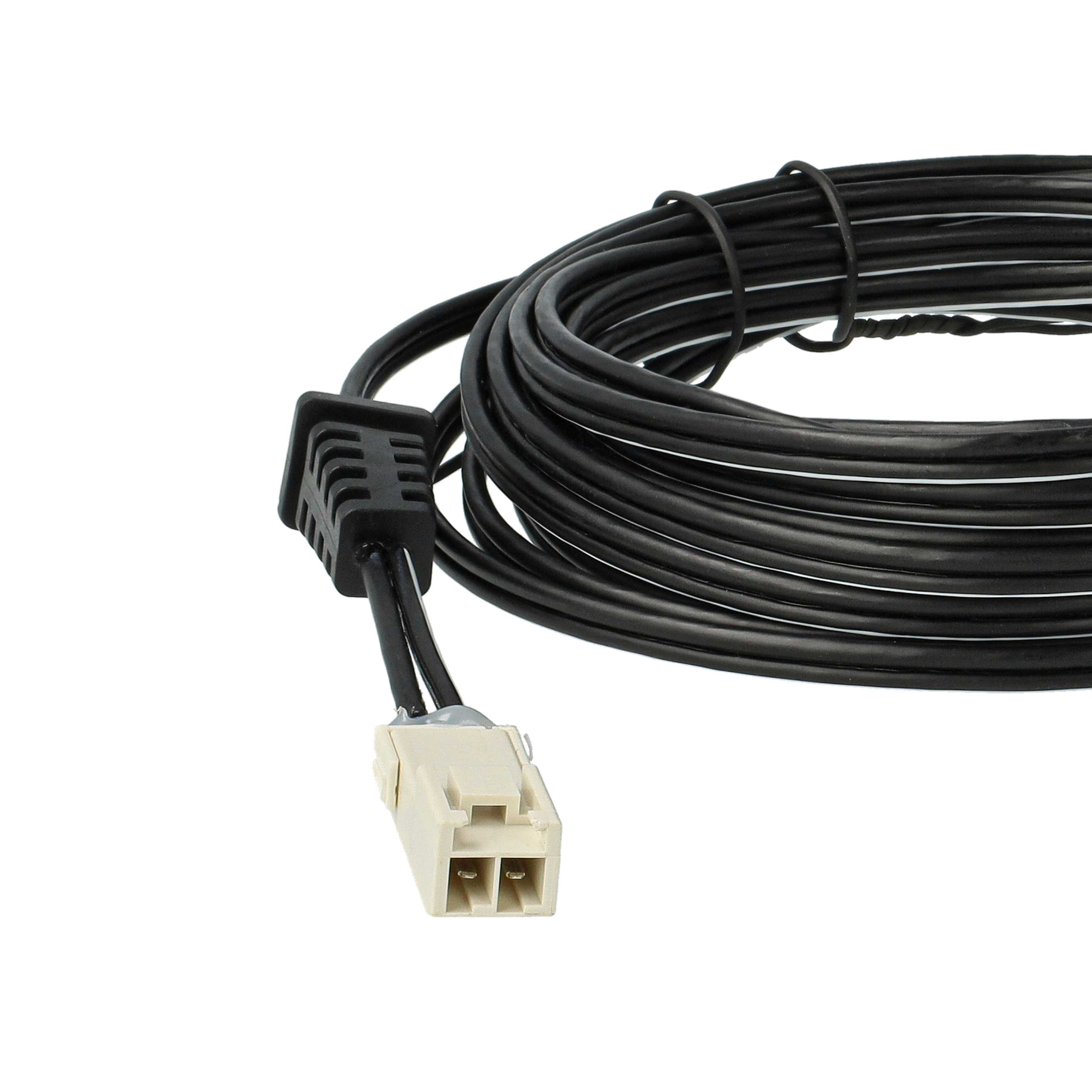 Schwarzes Kabel mit einem schwarzen Stecker an einem Ende und einem beigefarbenen Stecker am anderen Ende, vor weißem Hintergrund.