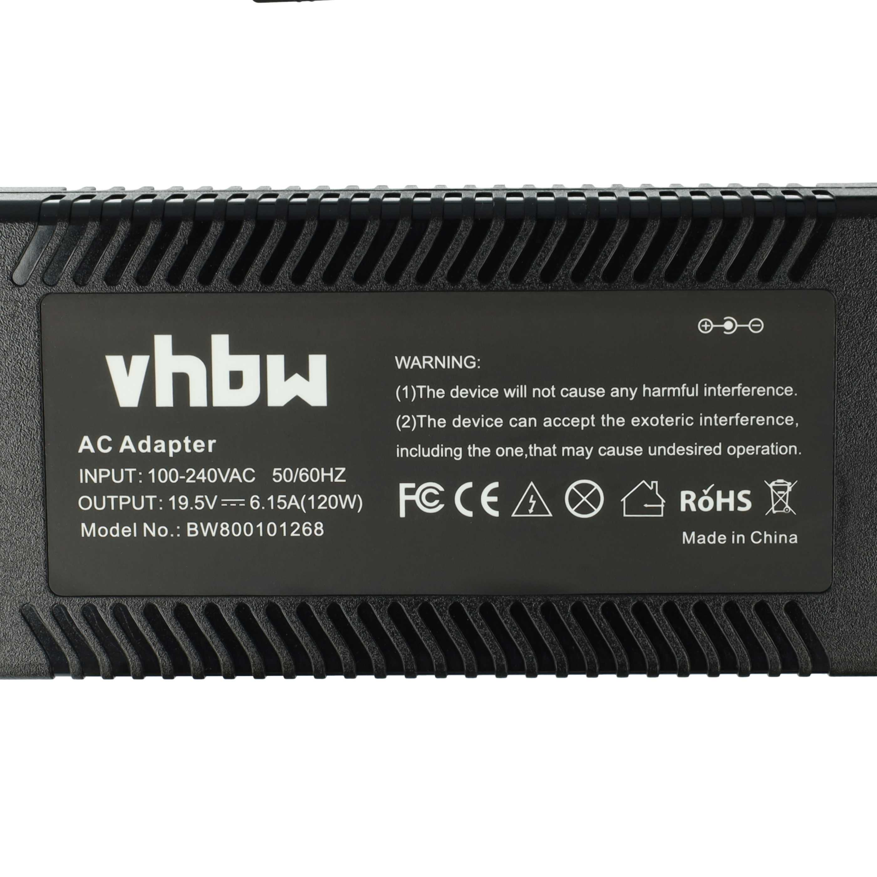 Schwarzes AC-Netzteil mit weißer Schrift. Text beinhaltet vhbw, AC-Adapter, Eingangs-/Ausgangsdetails, Warnungen und Sicherheitssymbole.