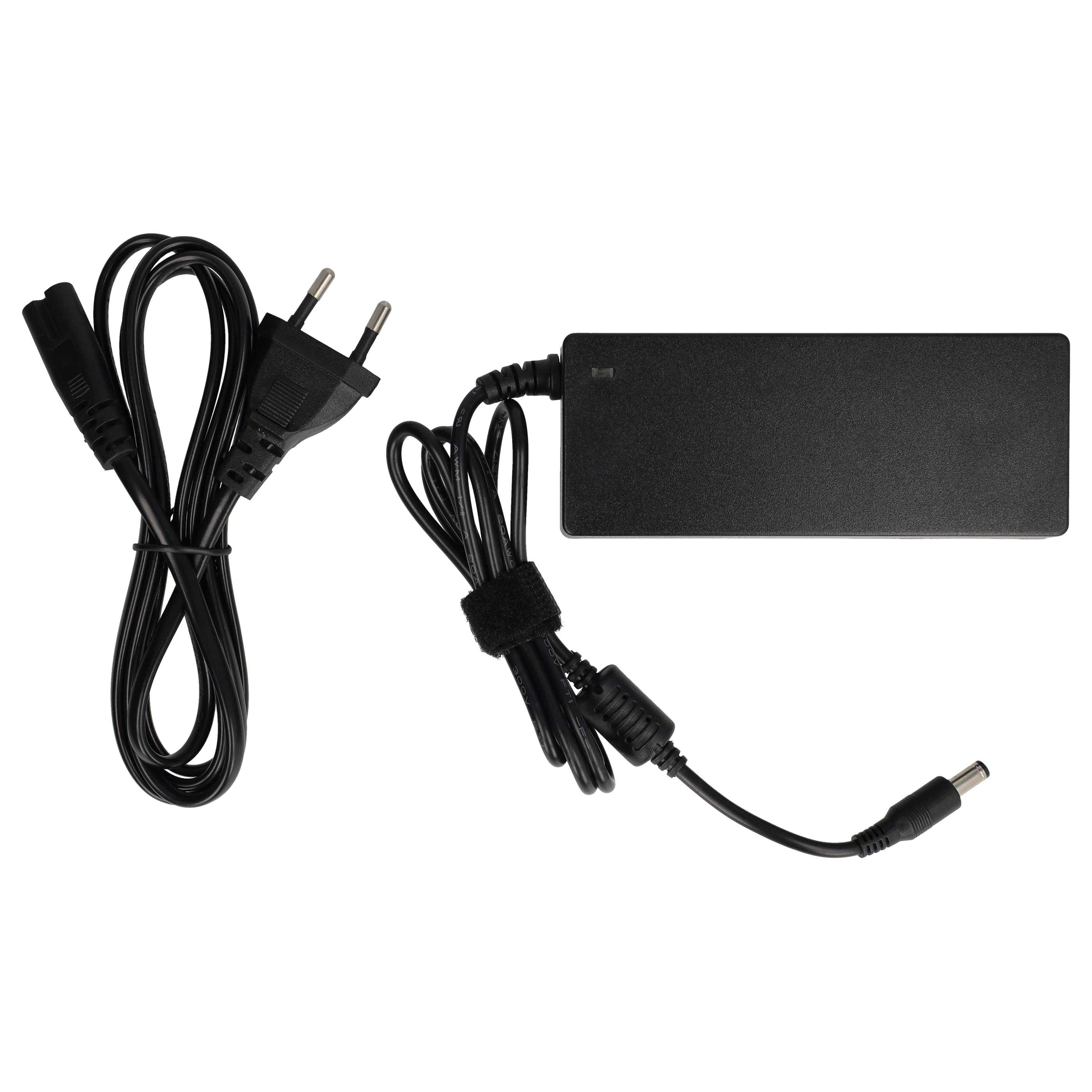 Ein schwarzes Netzteil mit rechteckigem Gehäuse und einem schwarzen Kabel mit Stecker. Ein zweites Kabel ist angebracht.