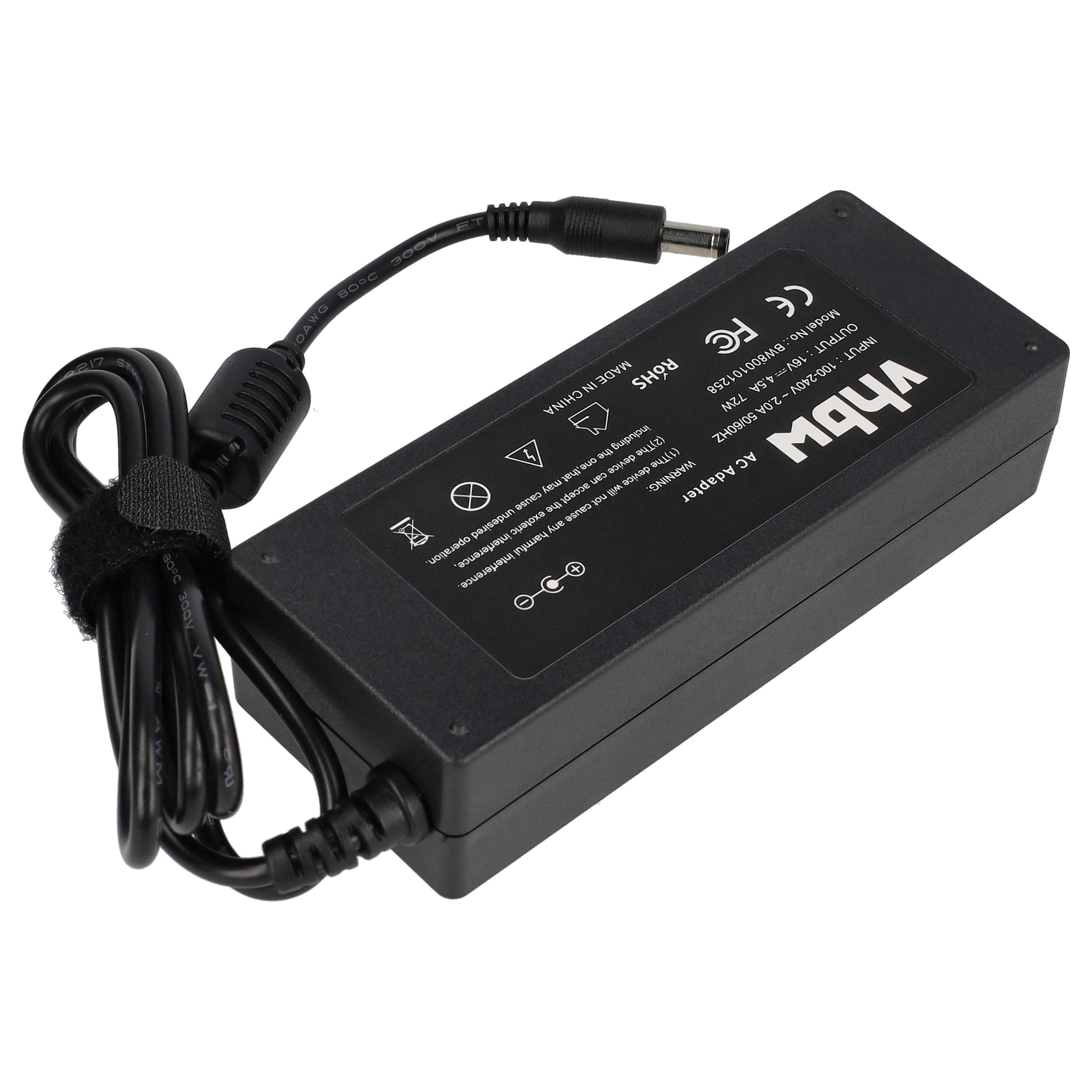 Schwarzer AC-Adapter mit angeschlossenem Kabel. Enthält ein Netzteil mit Text und einen Stecker.