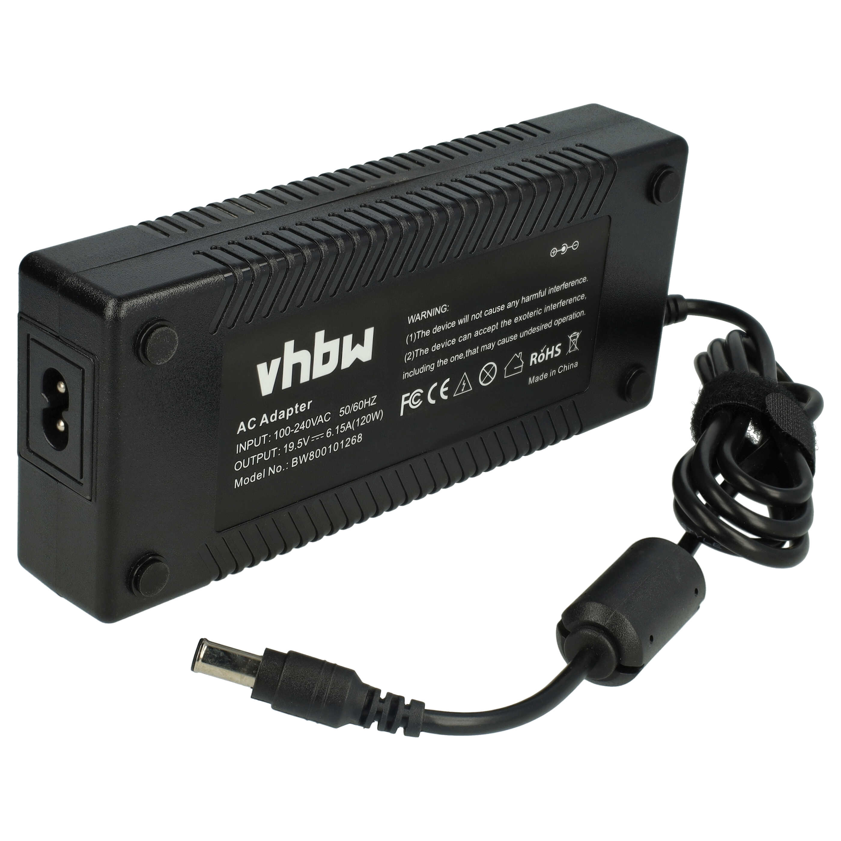Ein schwarzes Netzteil mit Netzkabel und Stecker. Es trägt das vhbw-Logo und technische Daten.