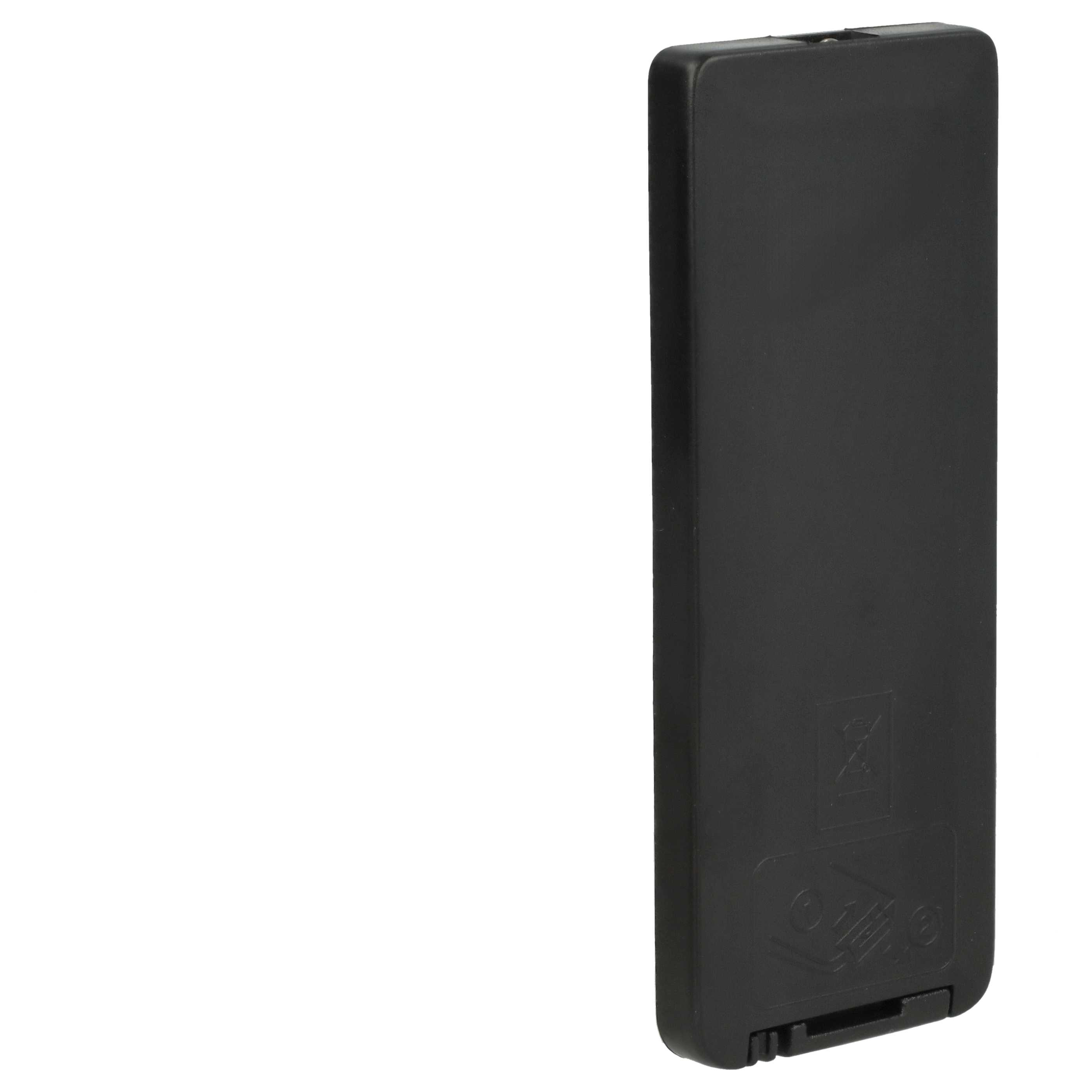 Ein schwarzes rechteckiges Objekt, möglicherweise ein Batteriefach oder eine Fernbedienung. Es hat einen weißen Hintergrund.