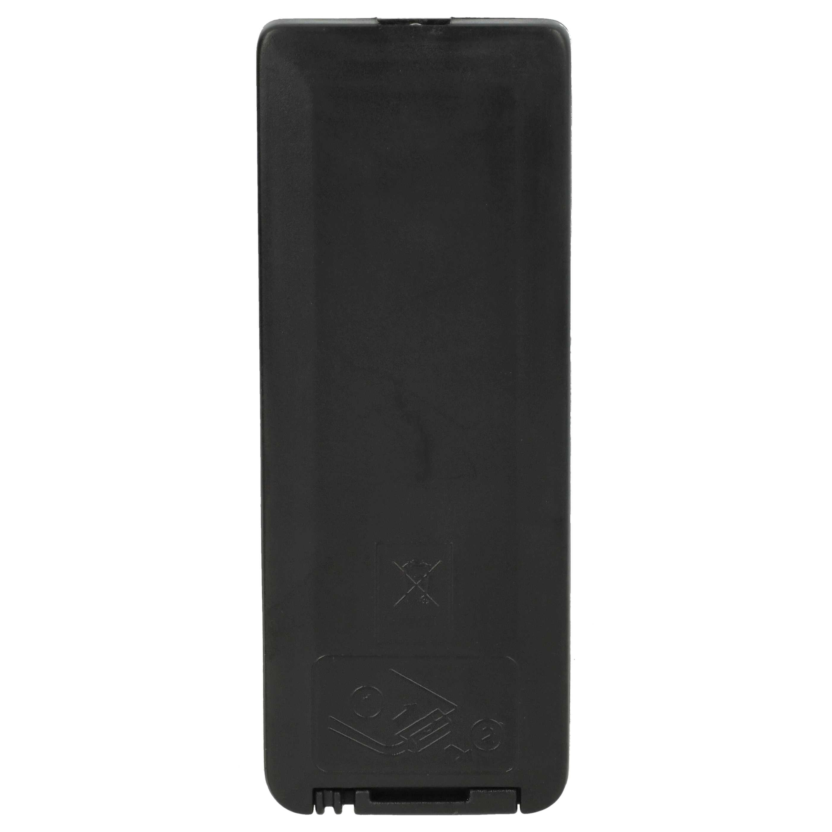 Ein schwarzes rechteckiges Objekt mit Symbol und Batteriefach auf weißem Hintergrund.