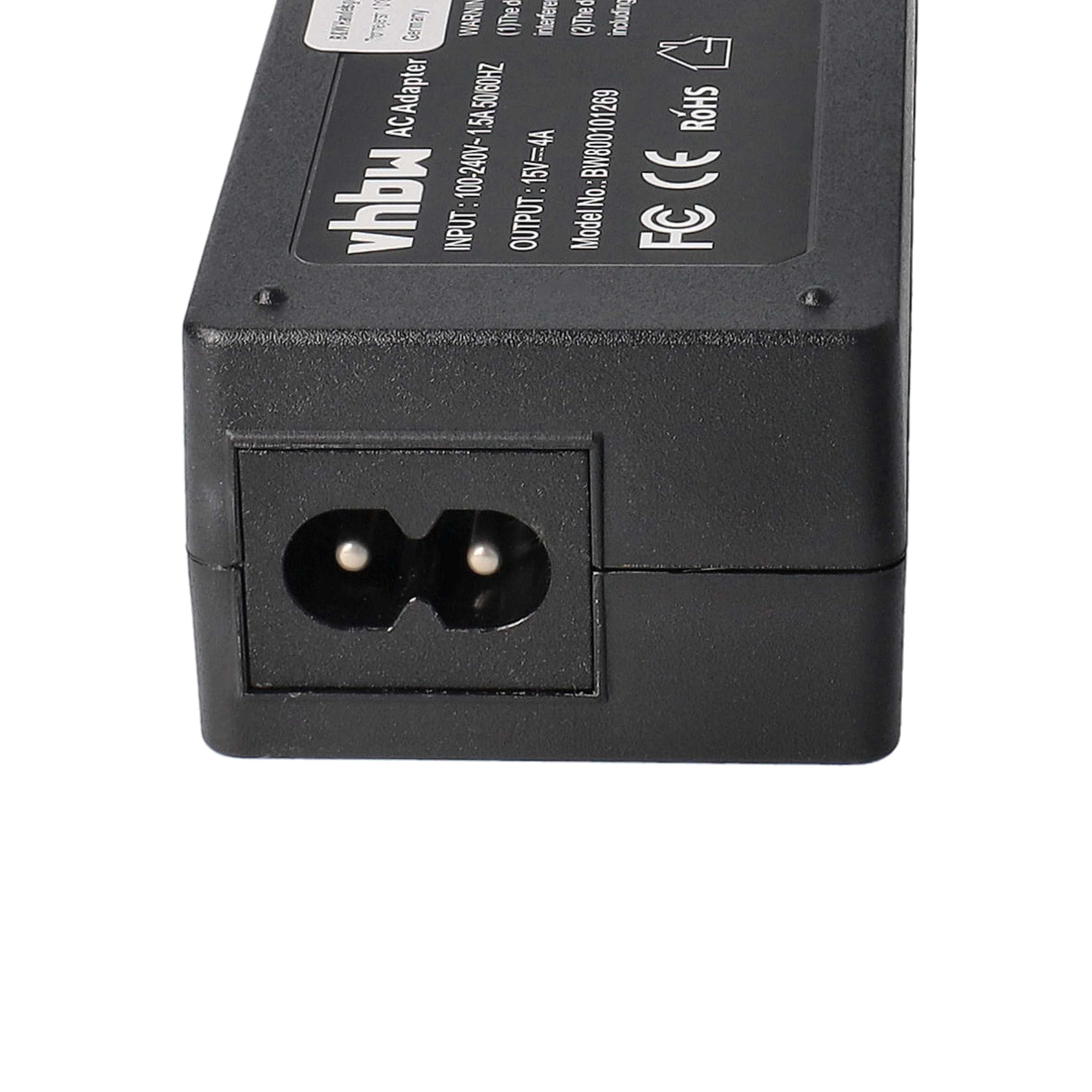 Schwarzer AC-Adapter mit einem zweipoligen Stecker. Text auf der Seite zeigt Eingangs- und Ausgangsspannung.