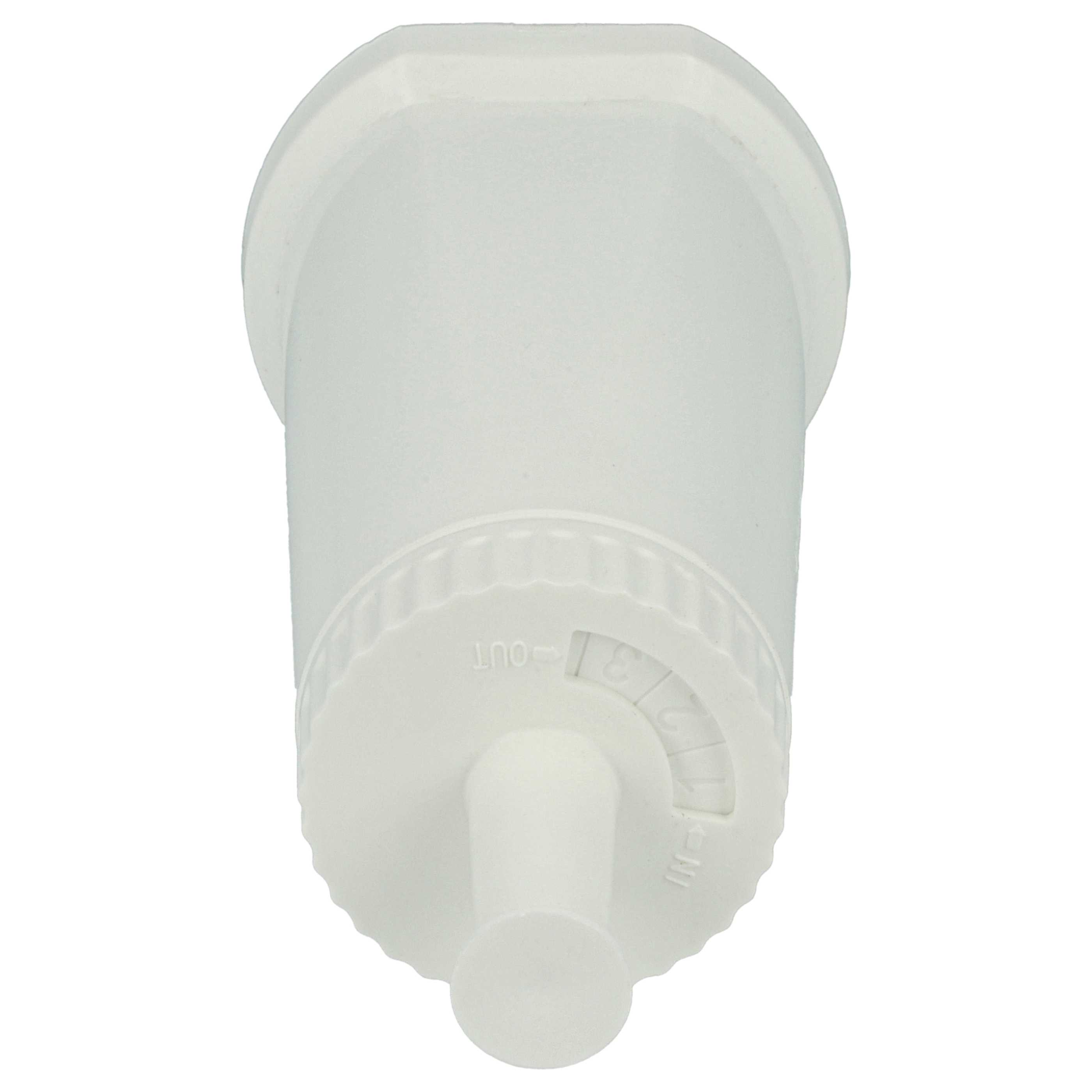 Eine weiße Wasserfilterkartusche. Sie hat eine zylindrische Form mit einem Zifferblatt mit den Zahlen 1-3 und einem Pfeil zu 'OUT'.