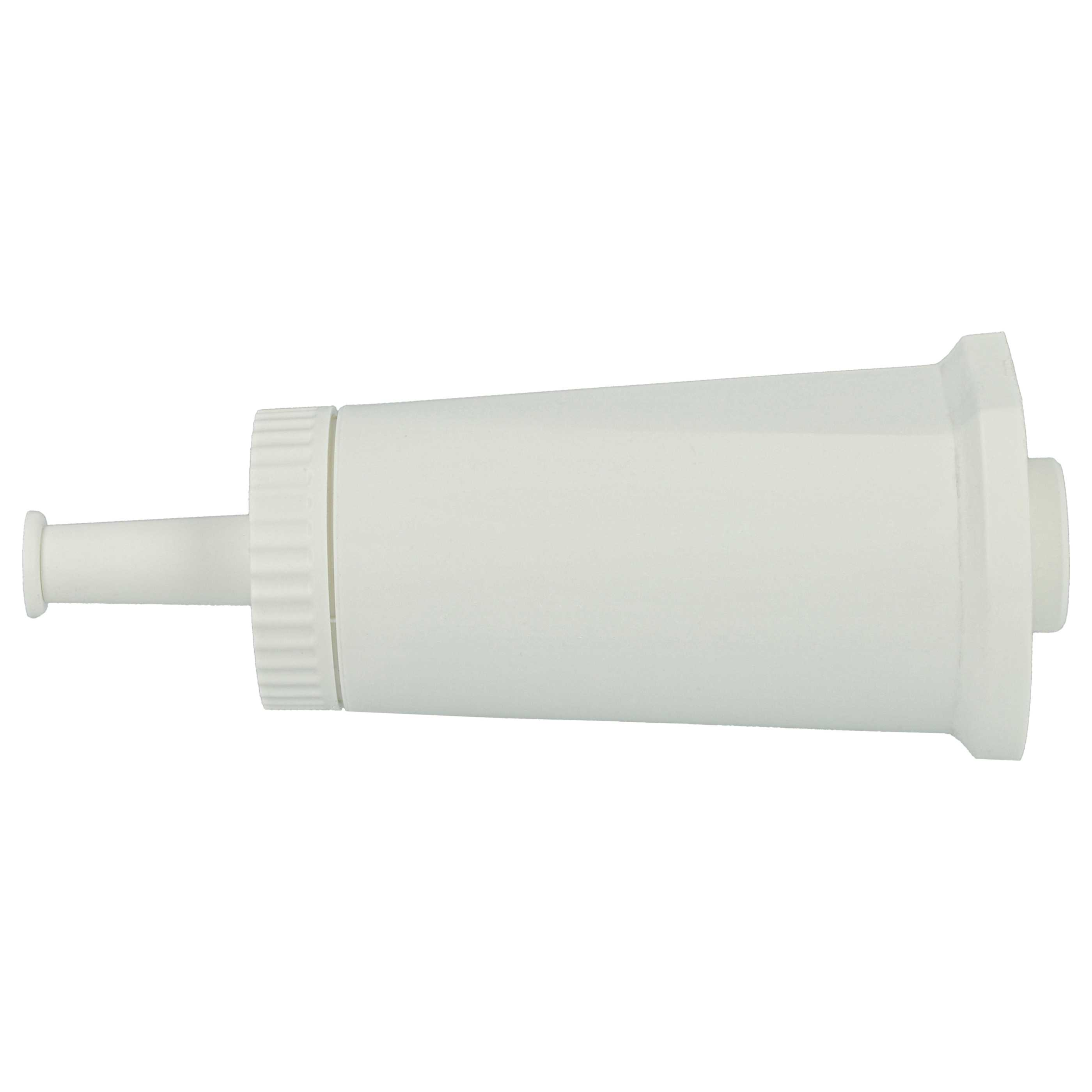 Eine weiße Wasserfilterpatrone. Sie hat einen zylindrischen Körper mit einem schmaleren Ausguss an einem Ende und einem breiteren Sockel.