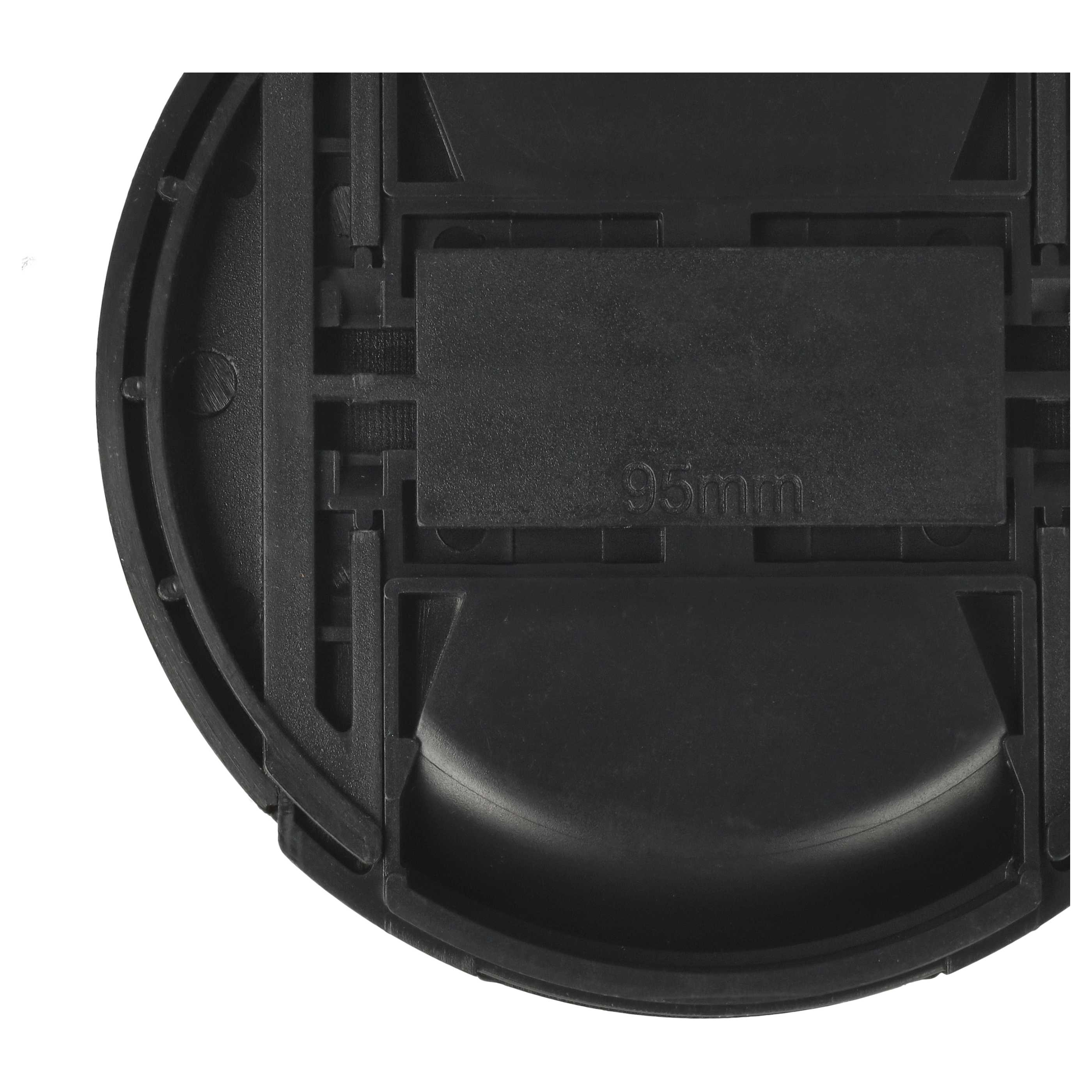 Eine schwarze Objektivkappe mit 95mm-Markierung vor weißem Hintergrund. Die Kappe hat eine runde Form und eine strukturierte Oberfläche.