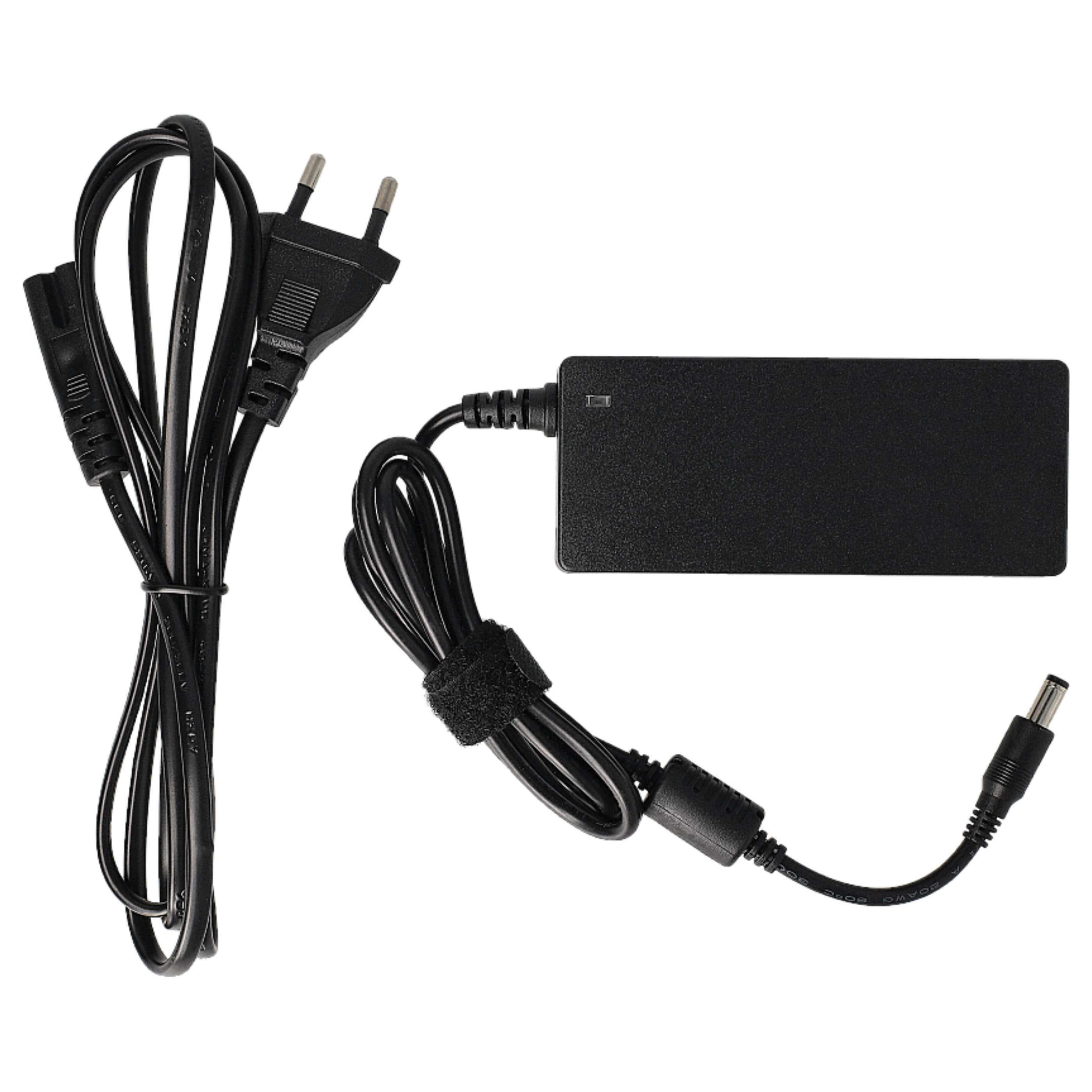 Schwarzes Laptop-Netzteil mit Stecker und Kabel auf weißem Hintergrund. Kabel sind mit Klettverschluss gebündelt.