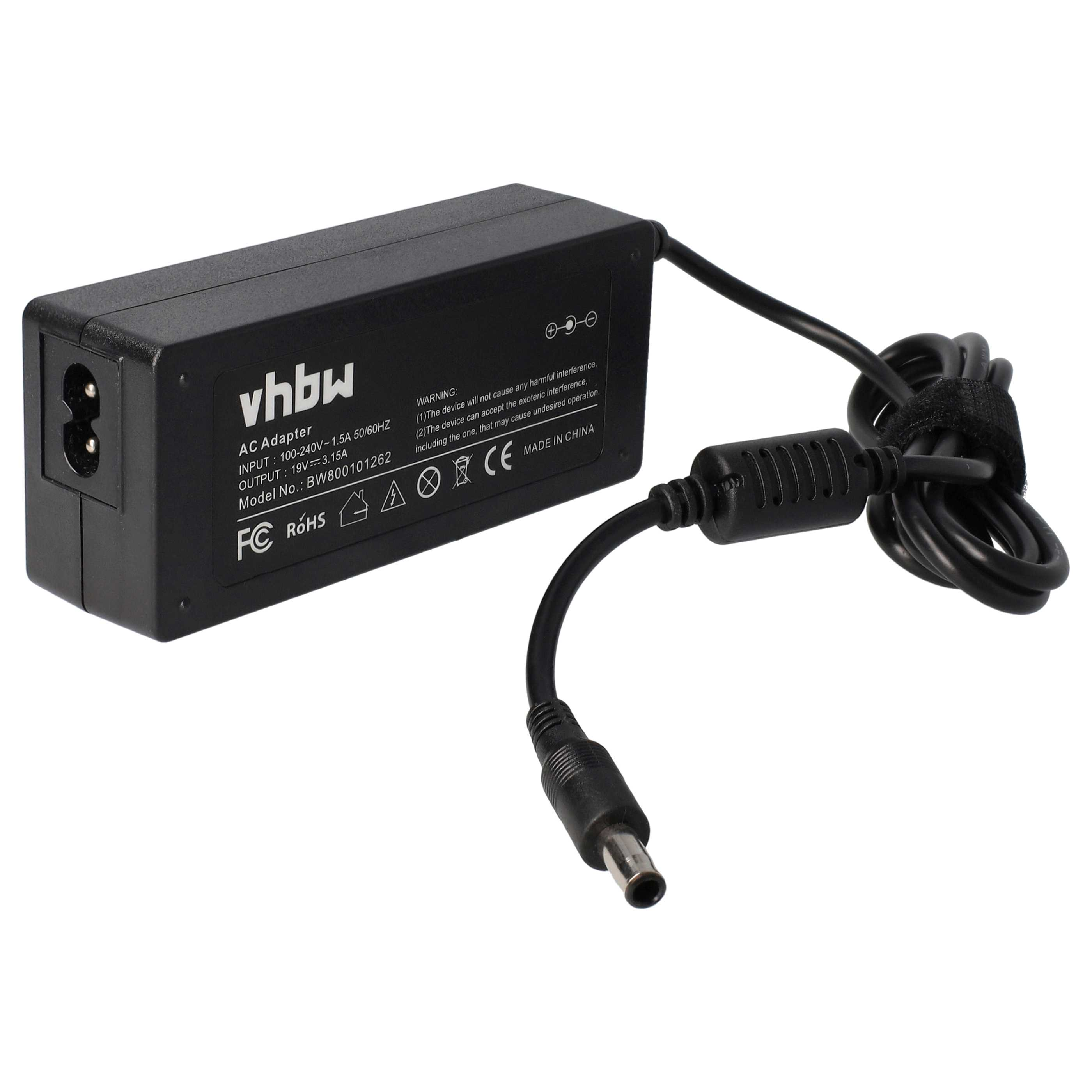 Schwarzer AC-Adapter mit Kabel. Der Adapter hat Text, darunter 'vhbw' und technische Spezifikationen.