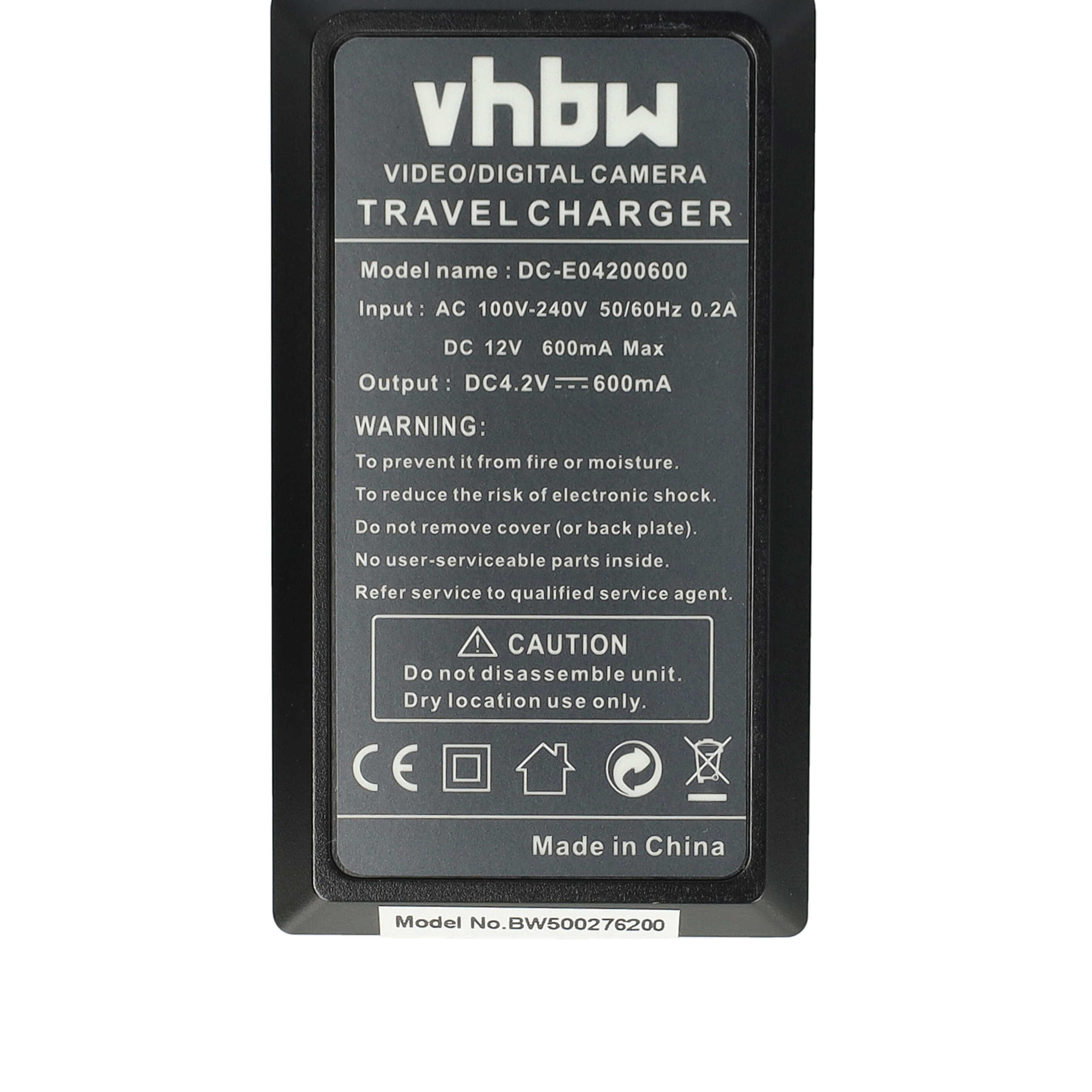 Ein schwarzes Reisegerät mit weißem Text. Es steht vhbw, Video/Digital Camera Travel Charger und hat Warnungen und Vorsichtshinweise.