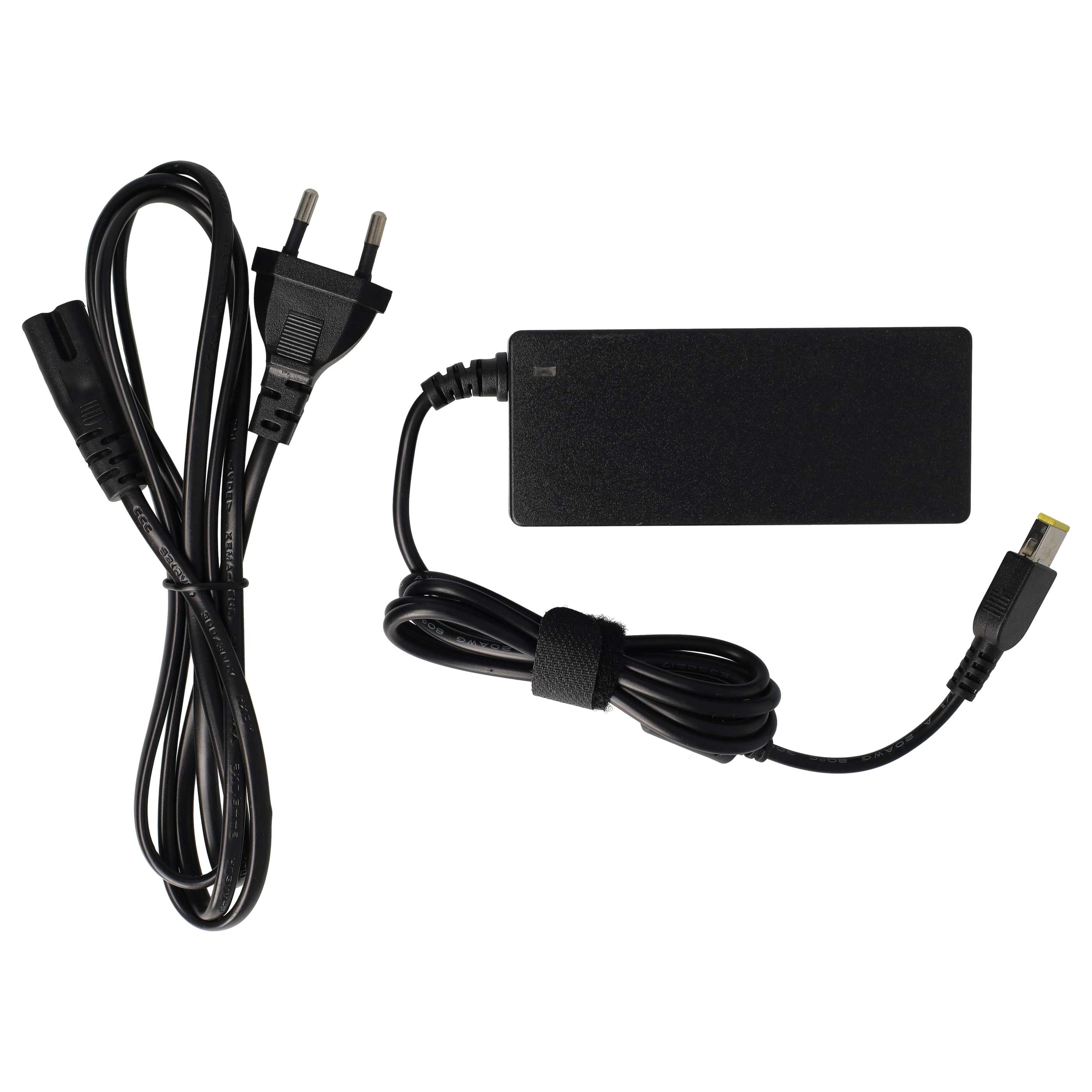 Ein schwarzes Laptop-Ladegerät mit zwei Kabeln und einem Netzteil. Die Kabel sind aufgerollt und der Adapter ist rechteckig.