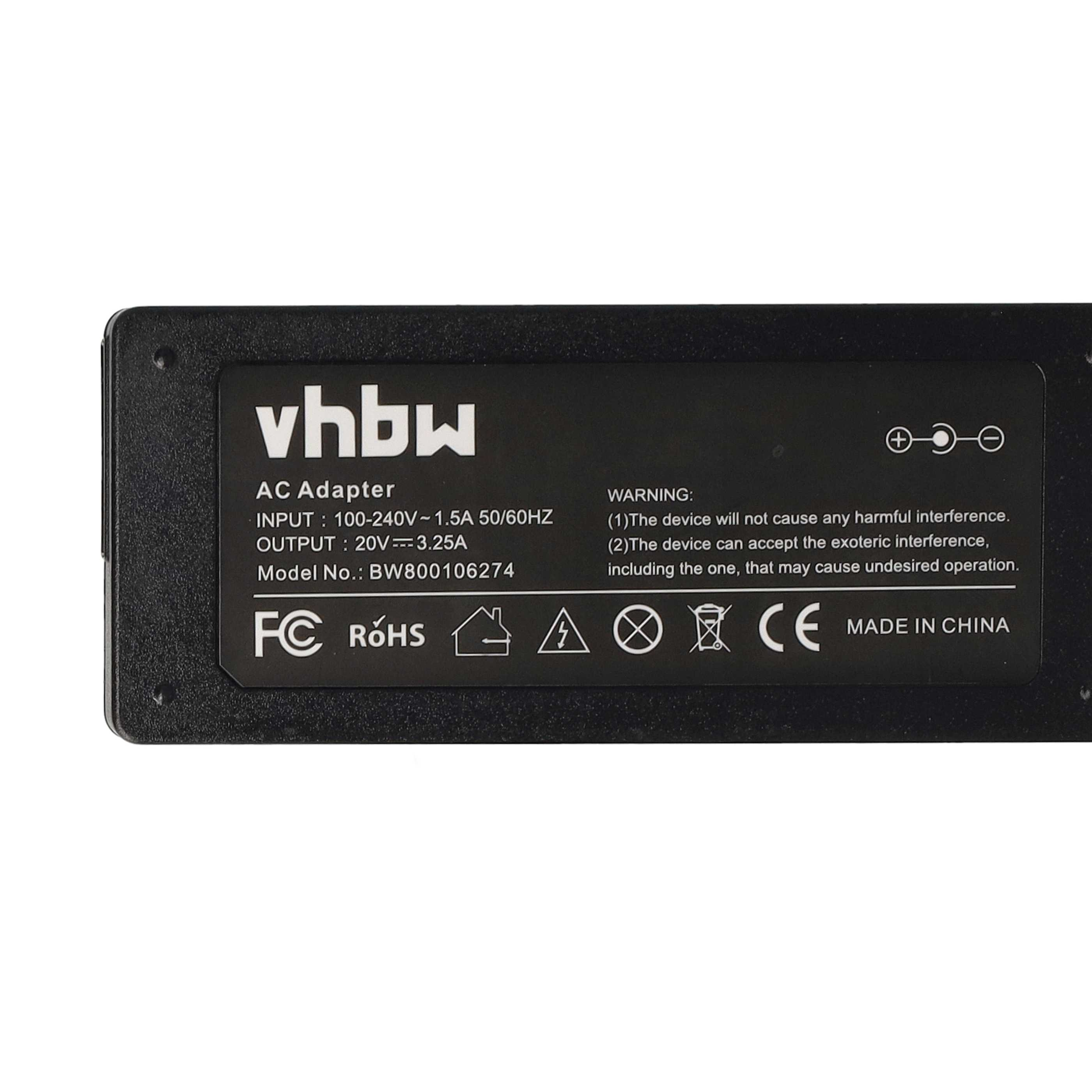 Schwarzer AC-Adapter mit weißem Text, Produktdetails und Warnsymbolen. 'Made in China' ist sichtbar.