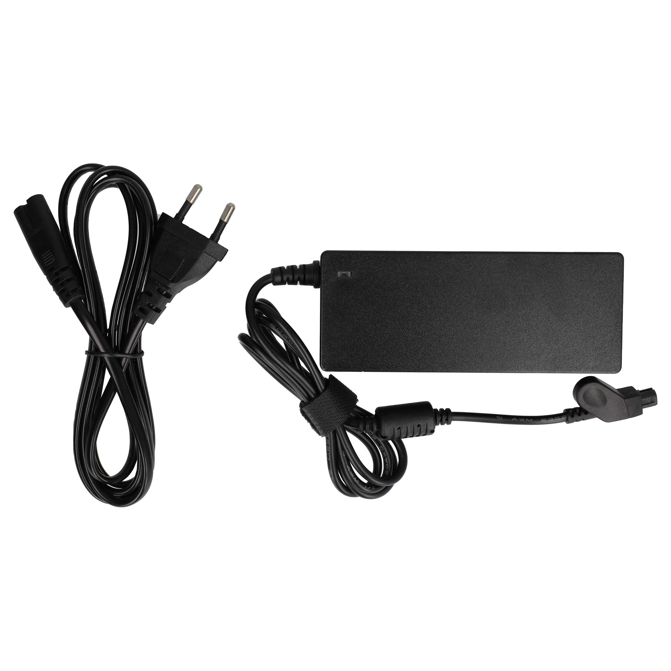 Ein schwarzes Netzteil mit zwei Kabeln und einem Stecker auf weißem Hintergrund.