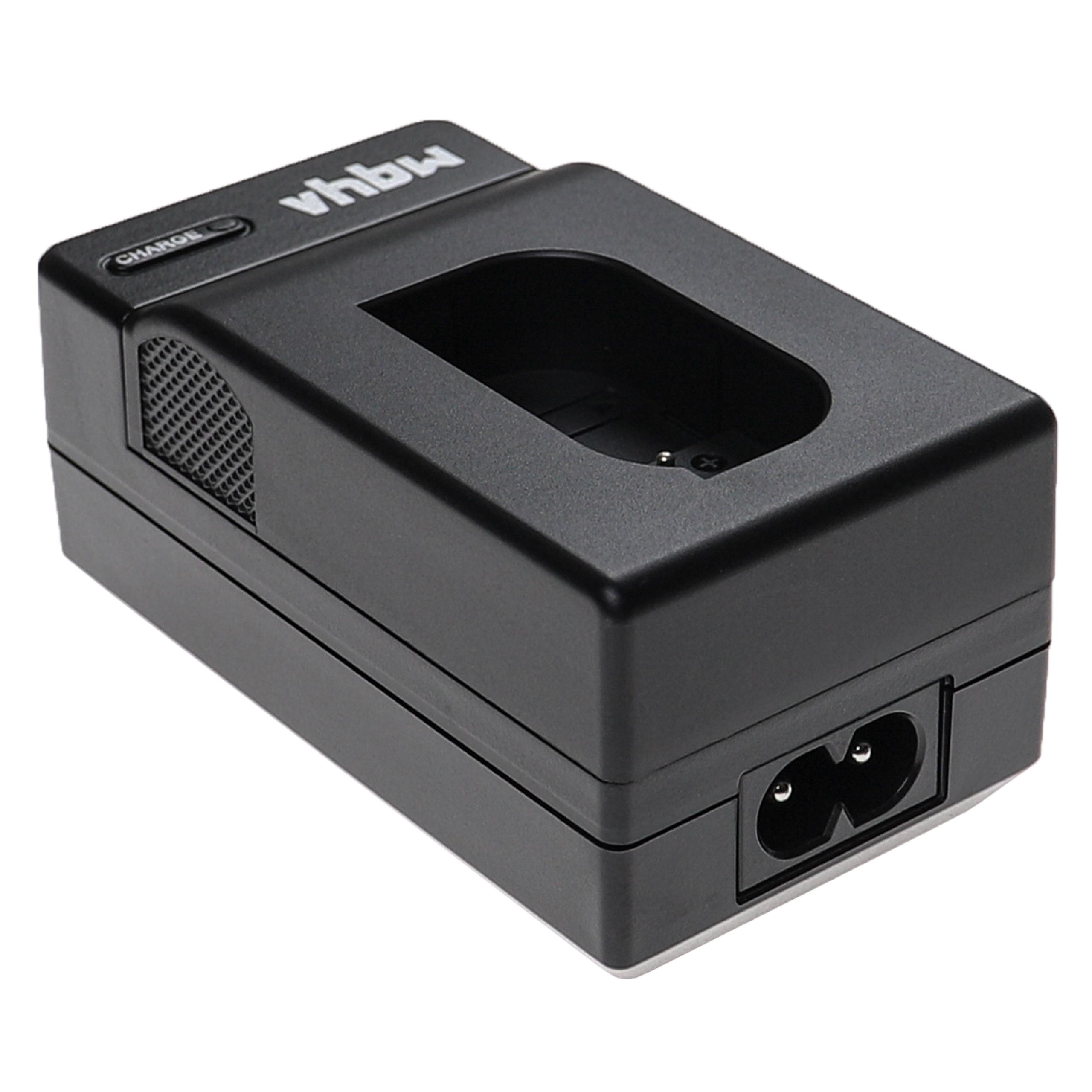Ein schwarzes vhbw-Batterieladegerät. Es hat einen leeren Steckplatz für eine Batterie, eine Ladeanzeige und einen Stromeingang.